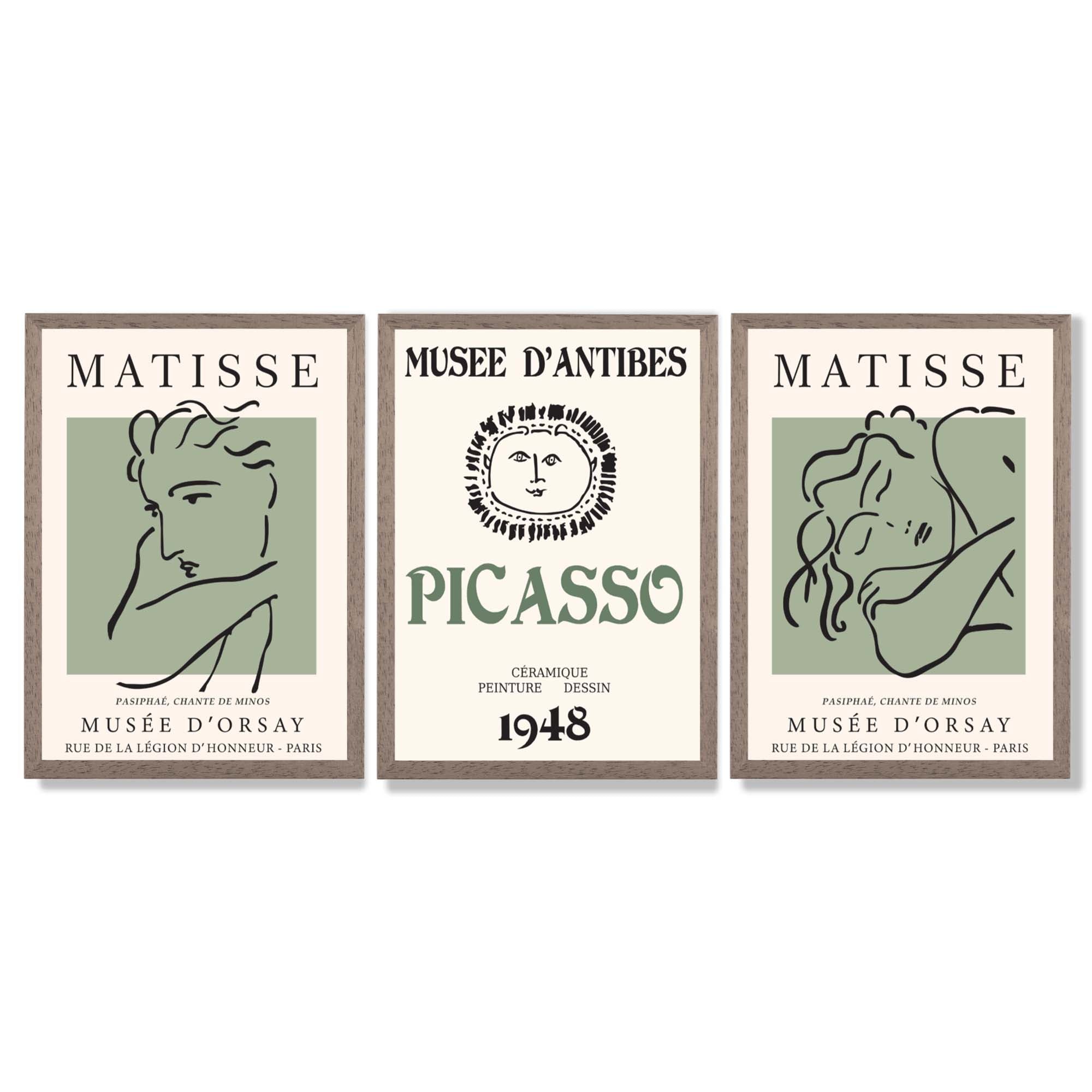 Modern Minimalist Fashion Set of 3 Green Framed Wall Art with Light Walnut Frames
