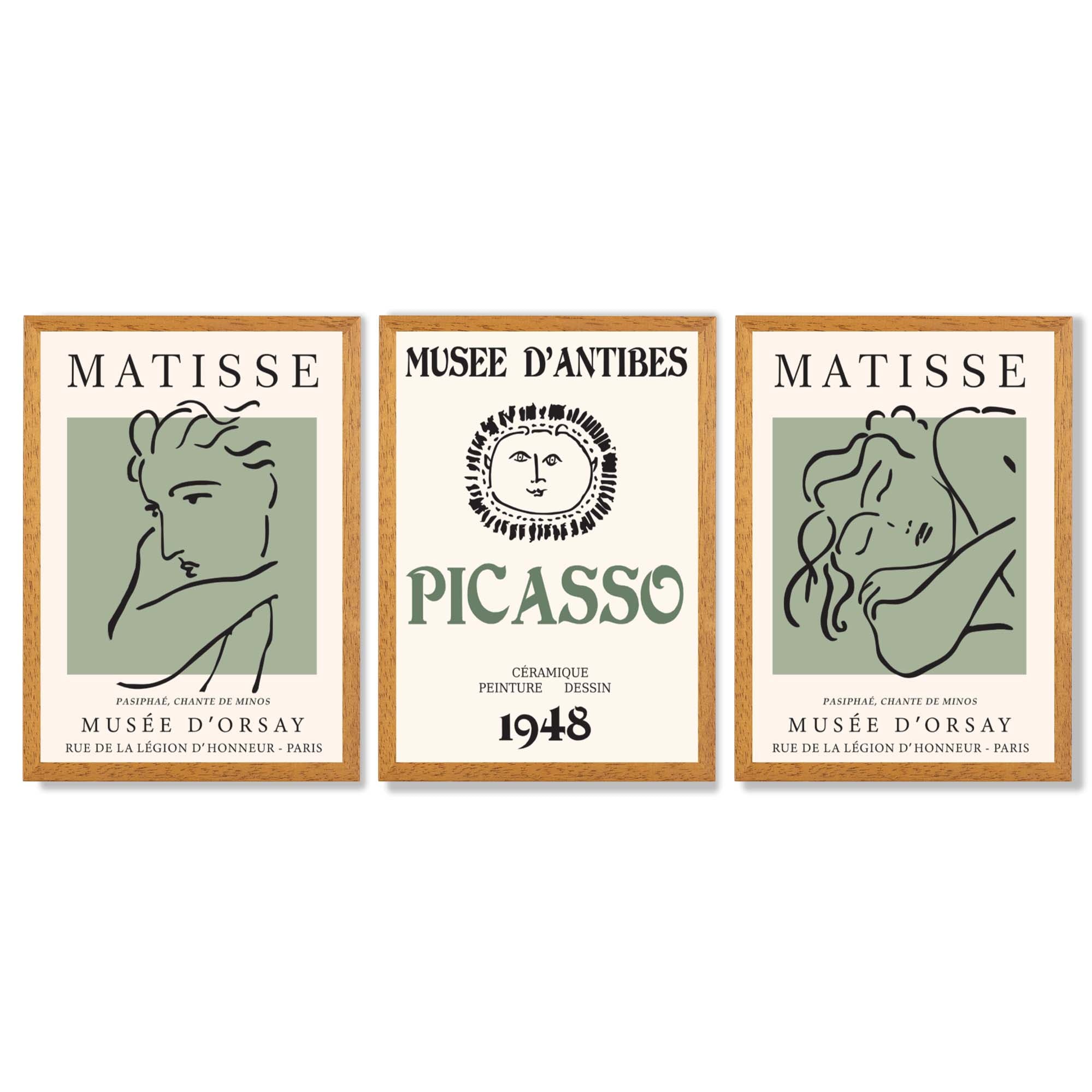 Modern Minimalist Fashion Set of 3 Green Framed Wall Art with Oak Wooden Frames