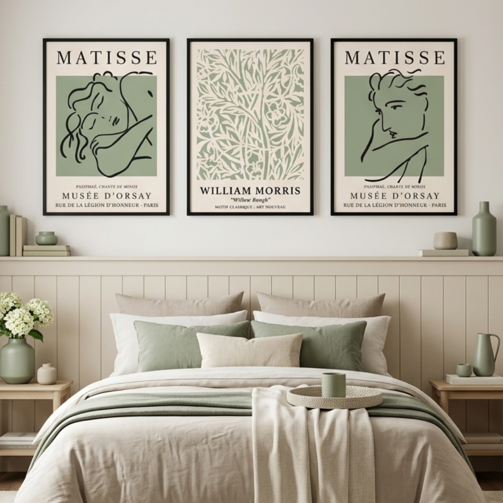 A styled bedroom interior with three framed Matisse-style wall art prints above a bed. The prints feature muted sage green and cream abstract line-art designs with text including 'MATISSE', 'MUSEE D'ORSAY', and 'WILLIAM MORRIS'.