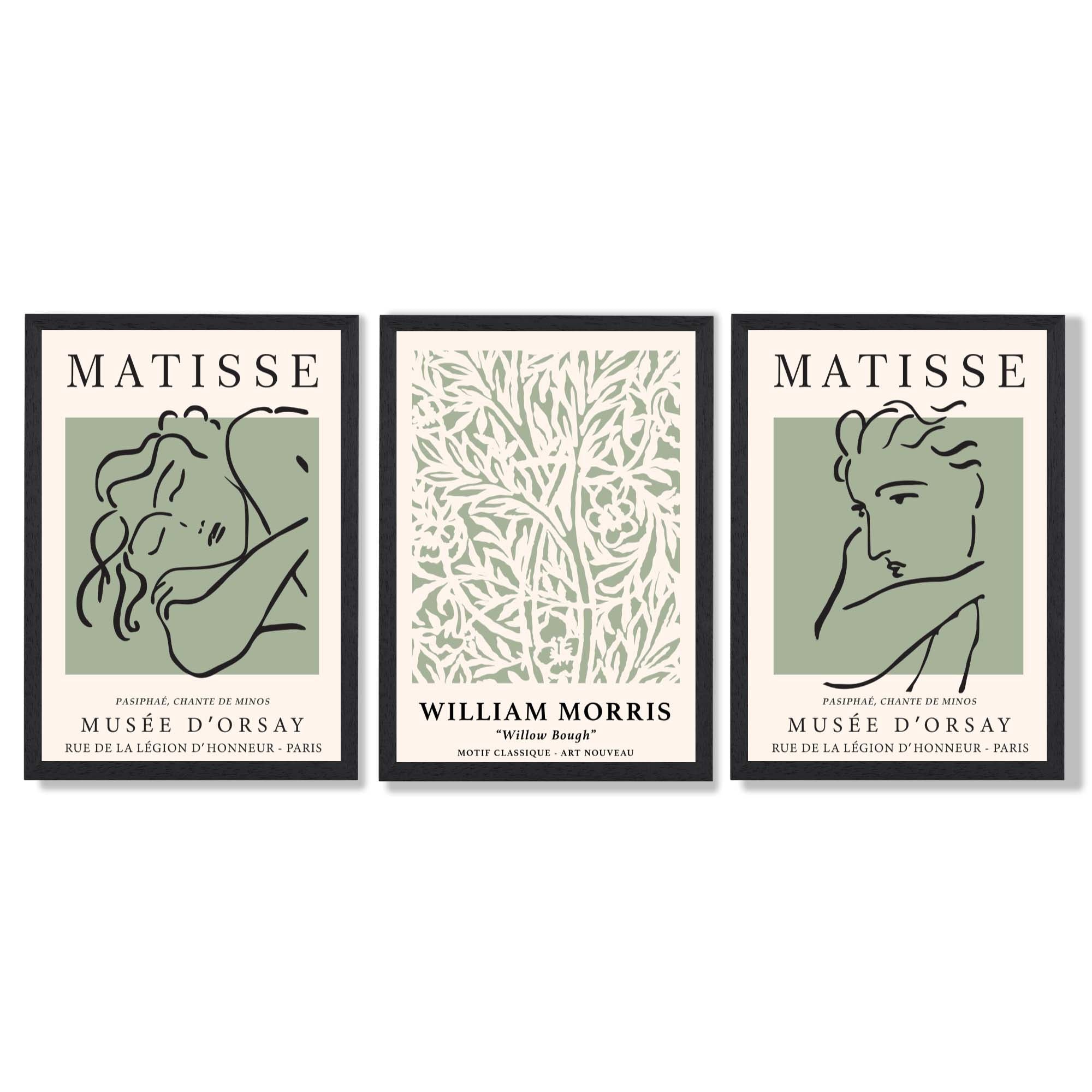 Modern Minimal Set of 3 Green Bedroom Framed Wall Art with Black Wooden Frames