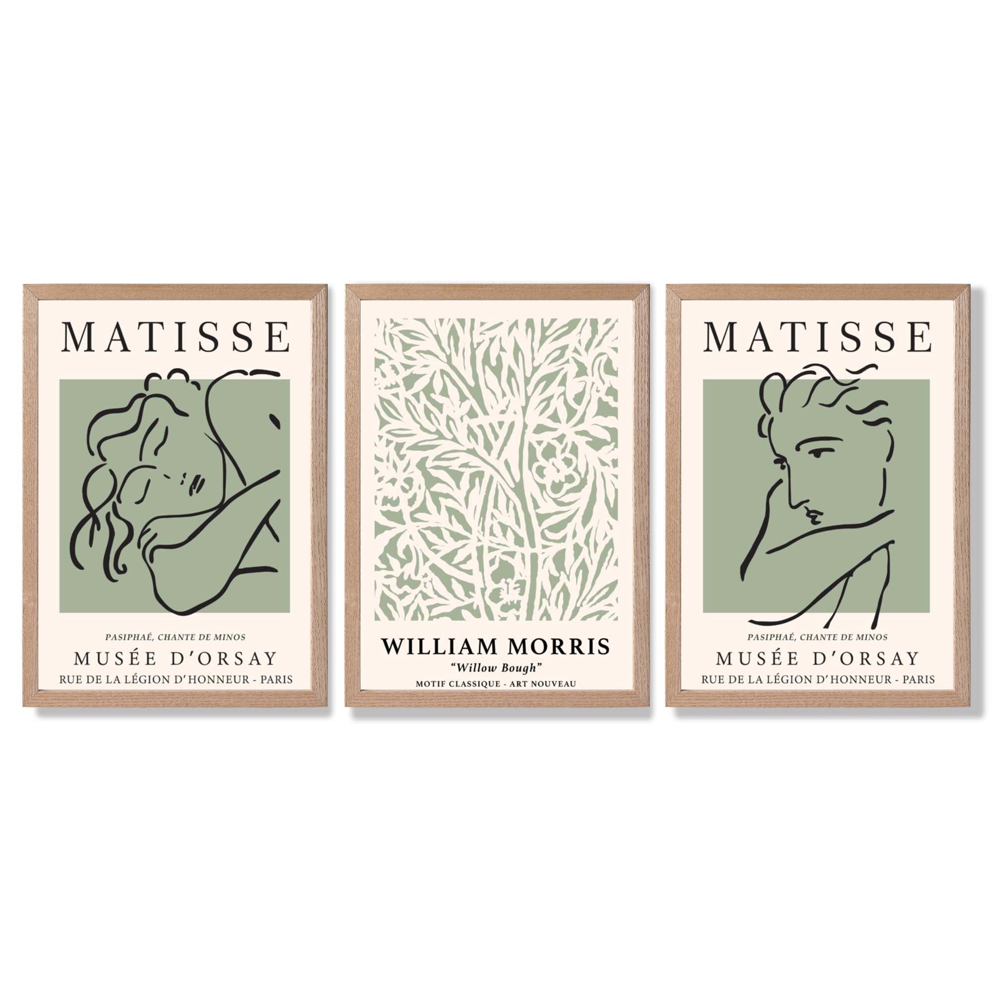 Modern Minimal Set of 3 Green Bedroom Framed Wall Art with Light Oak Frames