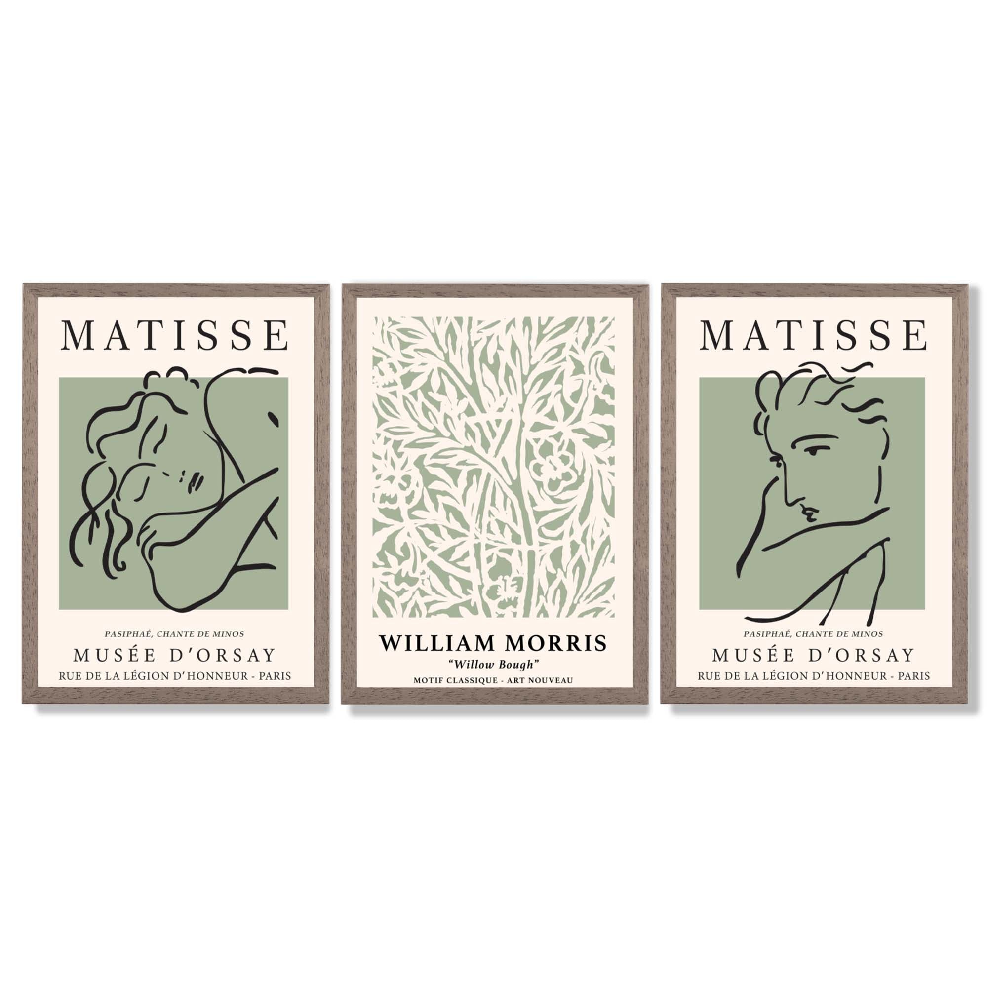 Modern Minimal Set of 3 Green Bedroom Framed Wall Art with Light Walnut Frames