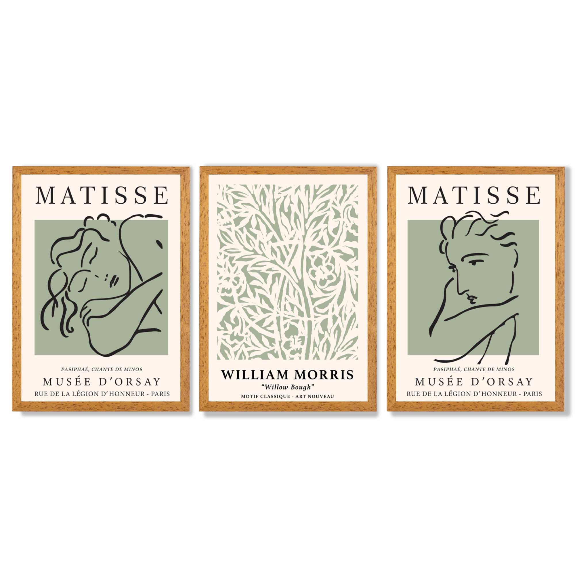 Modern Minimal Set of 3 Green Bedroom Framed Wall Art with Oak Wooden Frames