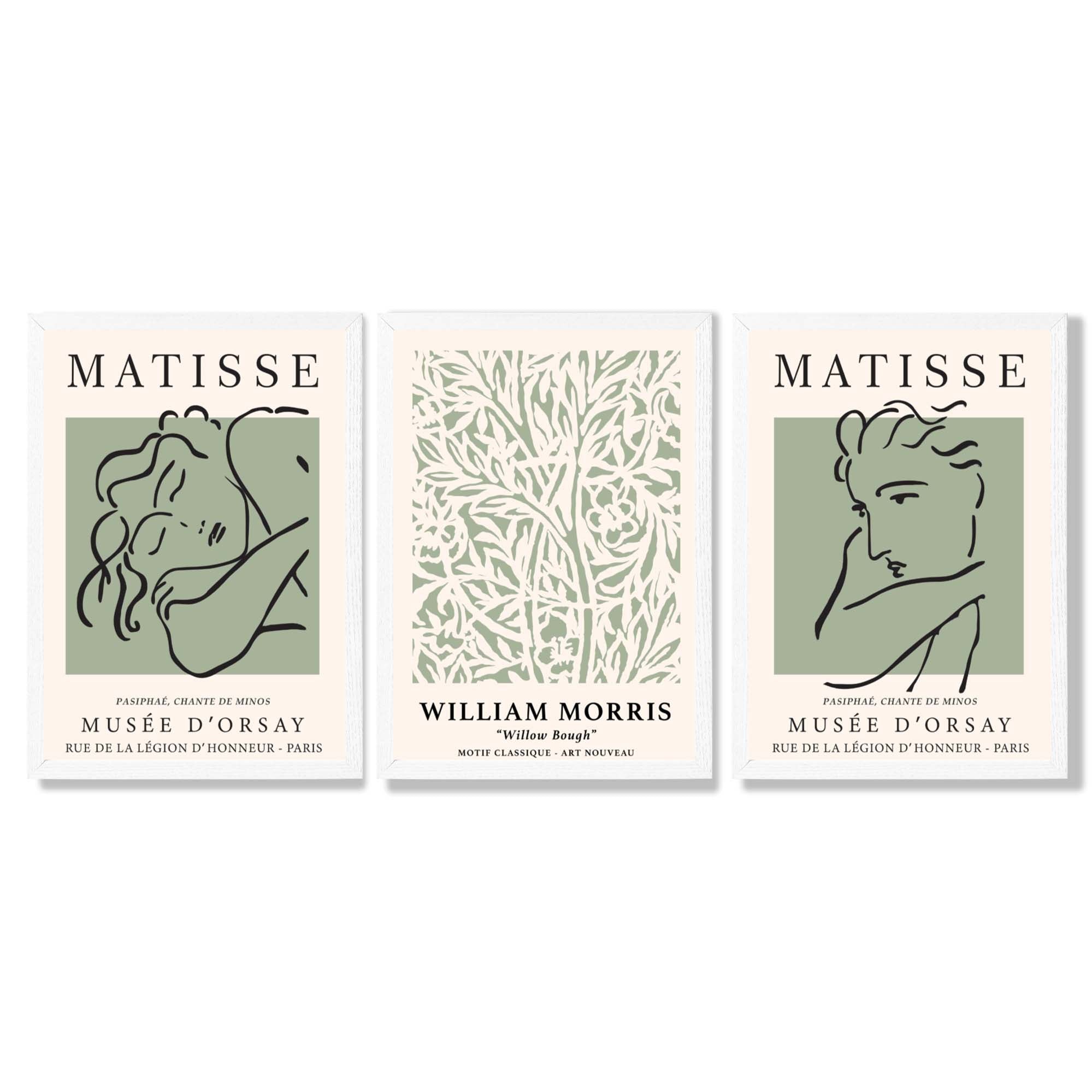 Modern Minimal Set of 3 Green Bedroom Framed Wall Art with White Wooden Frames