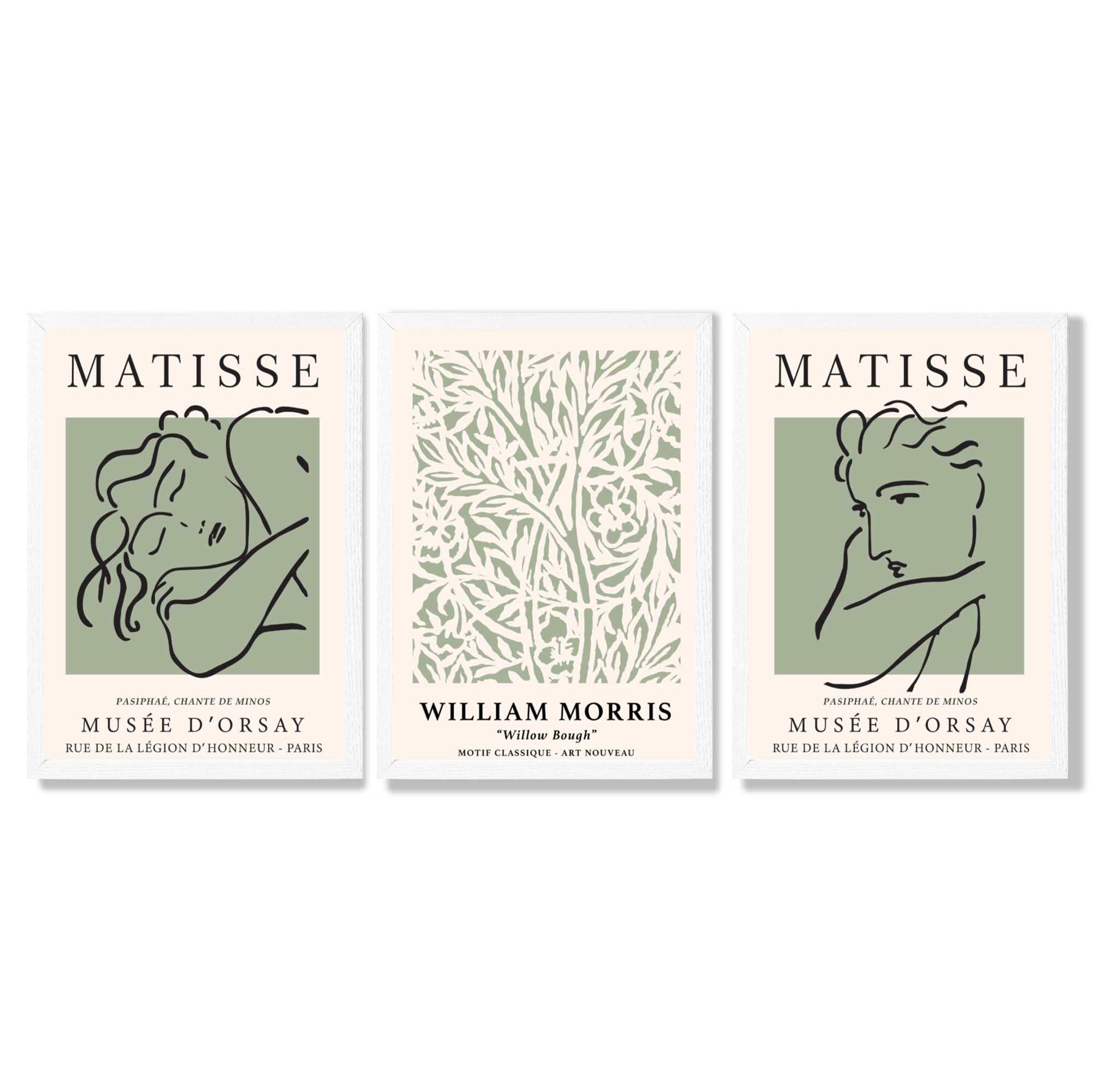 Modern Minimal Set of 3 Green Bedroom Framed Wall Art with White Wooden Frames