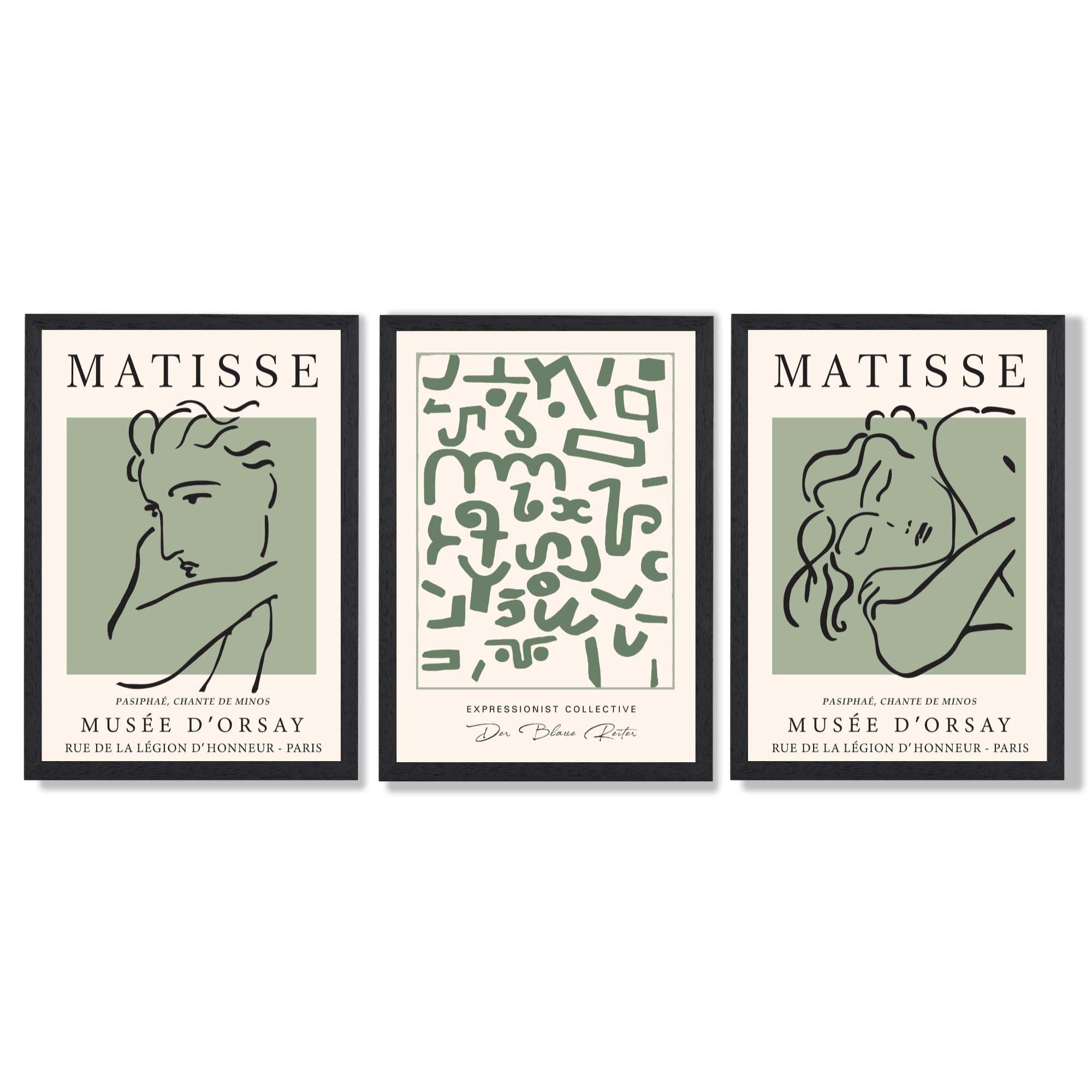 Modern Minimal Set of 3 Green Abstract Framed Wall Art with Black Wooden Frames