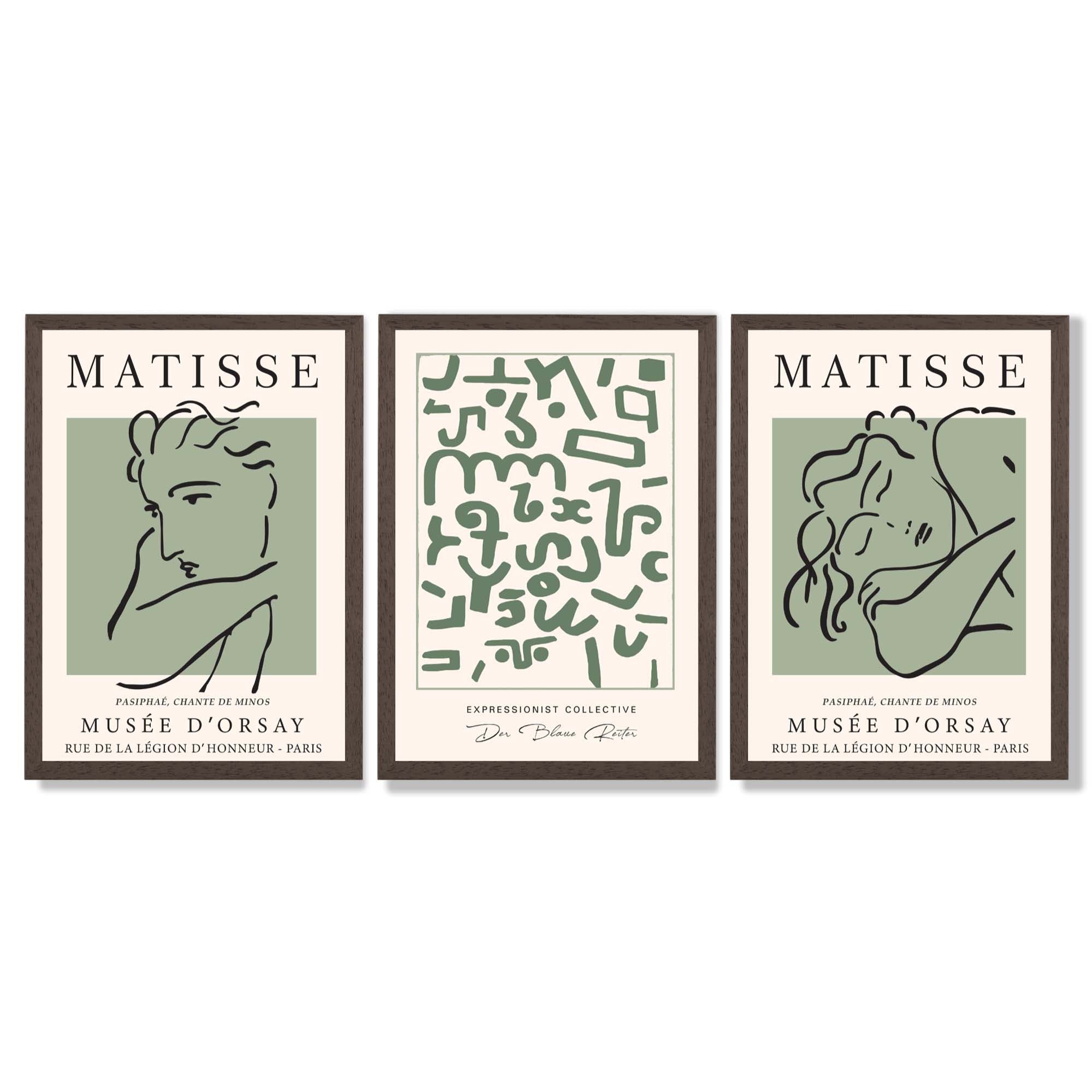 Modern Minimal Set of 3 Green Abstract Framed Wall Art with Dark Wood Frames