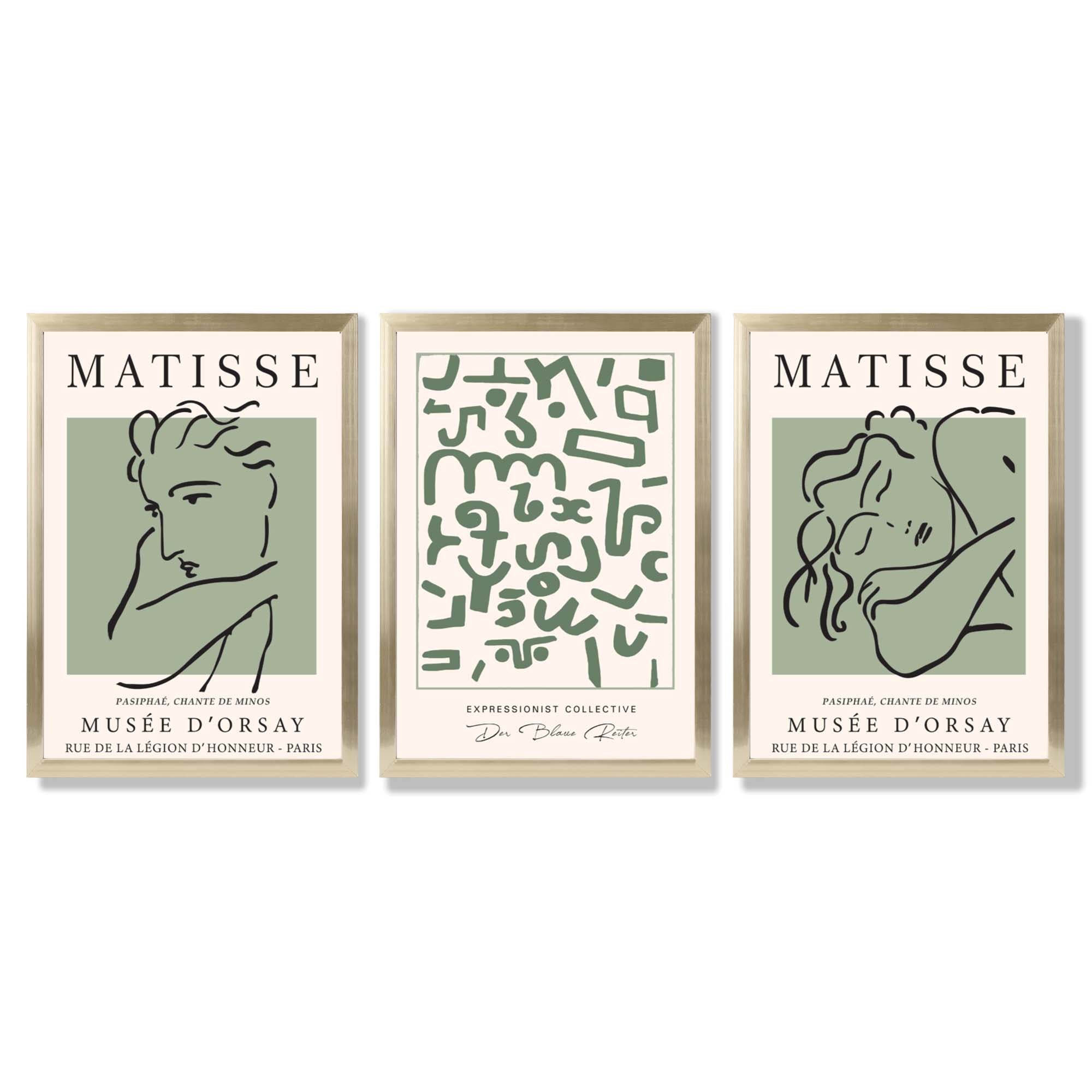 Modern Minimal Set of 3 Green Abstract Framed Wall Art with Gold Wood Frames