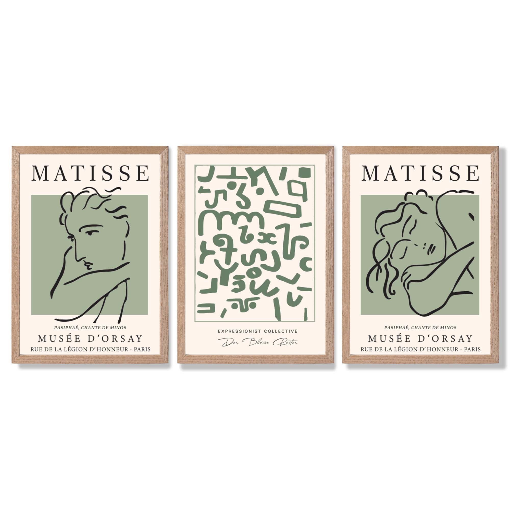 Modern Minimal Set of 3 Green Abstract Framed Wall Art with Light Oak Frames
