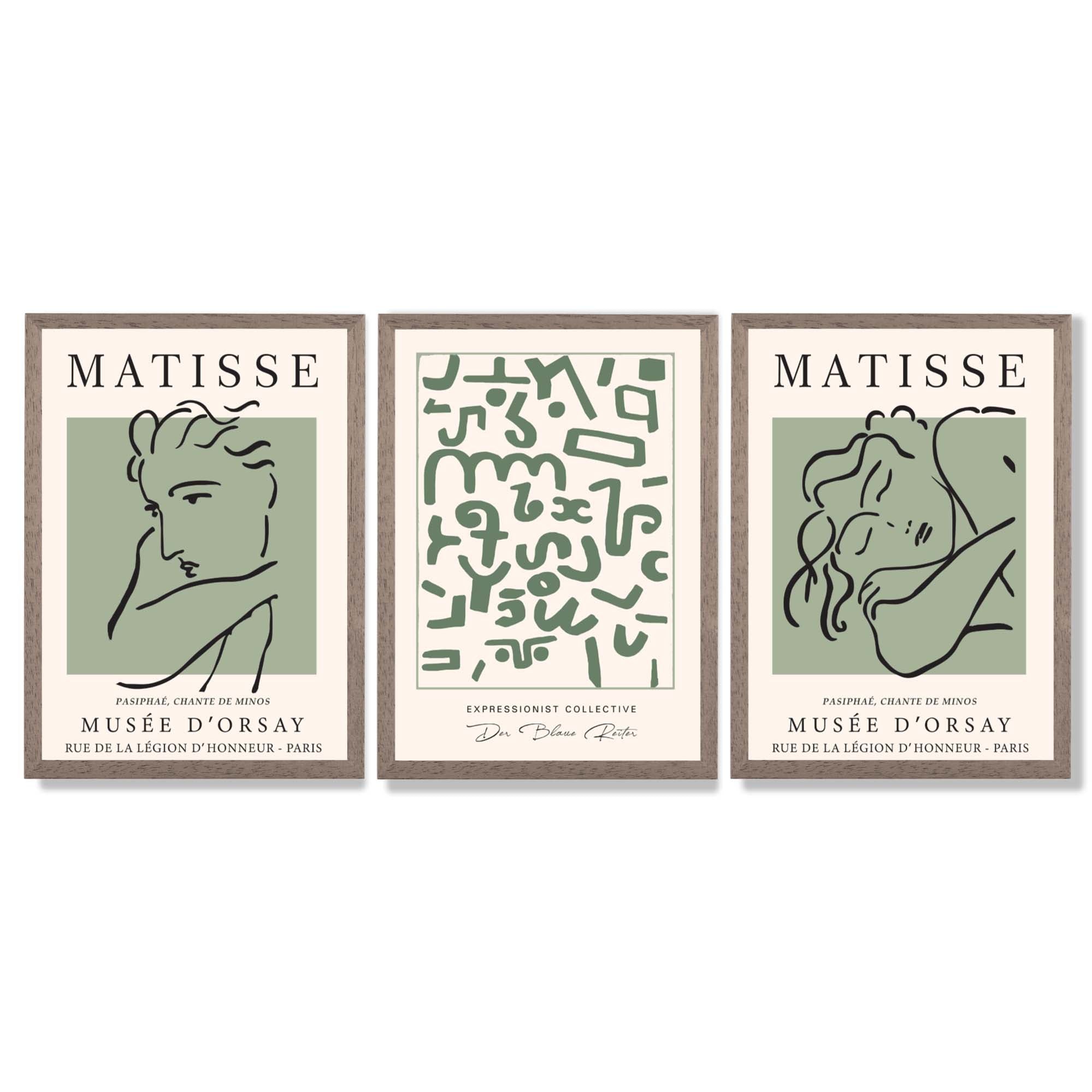 Modern Minimal Set of 3 Green Abstract Framed Wall Art with Light Walnut Frames
