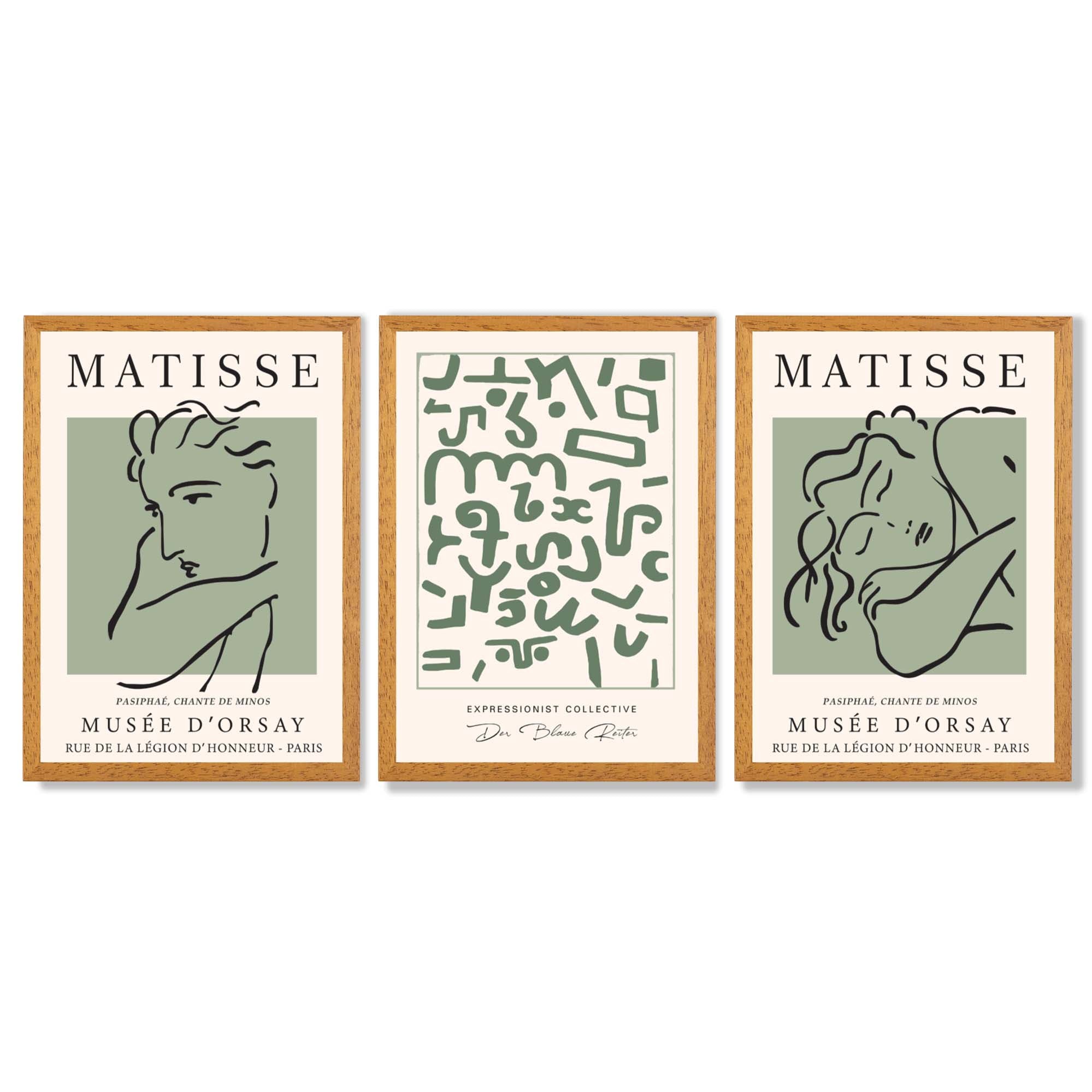 Modern Minimal Set of 3 Green Abstract Framed Wall Art with Oak Wooden Frames