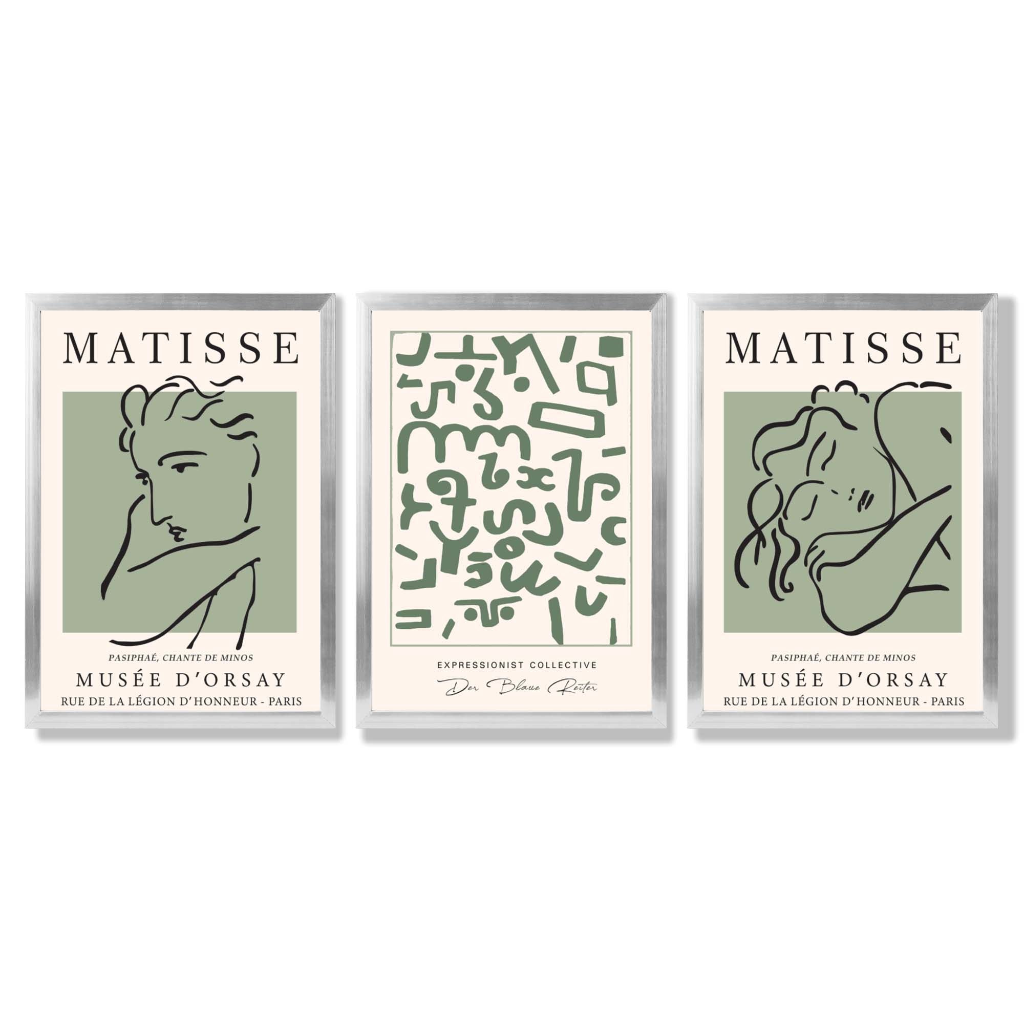 Modern Minimal Set of 3 Green Abstract Framed Wall Art with Silver Wood Frames