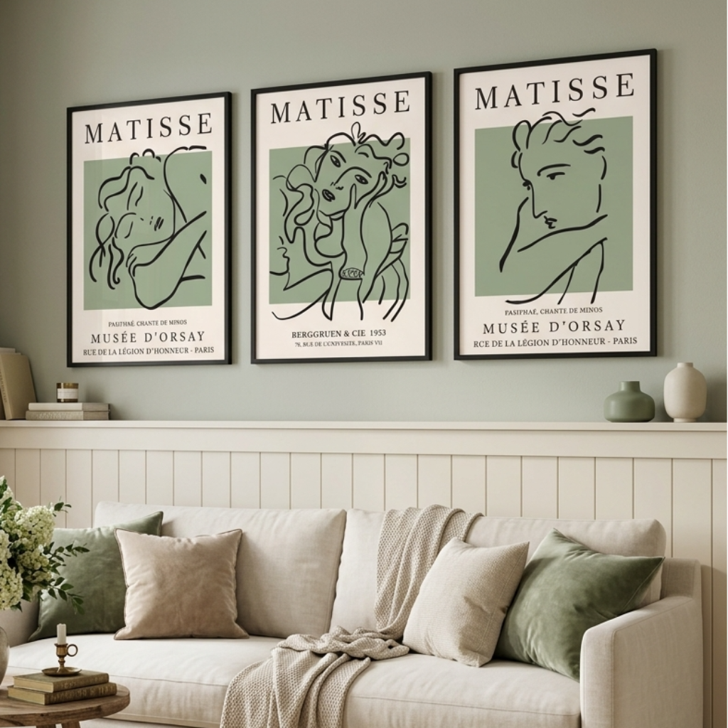Three framed Matisse art prints with minimalist line art in sage green and black are displayed on a sage green wall above a beige sofa in a styled living room.