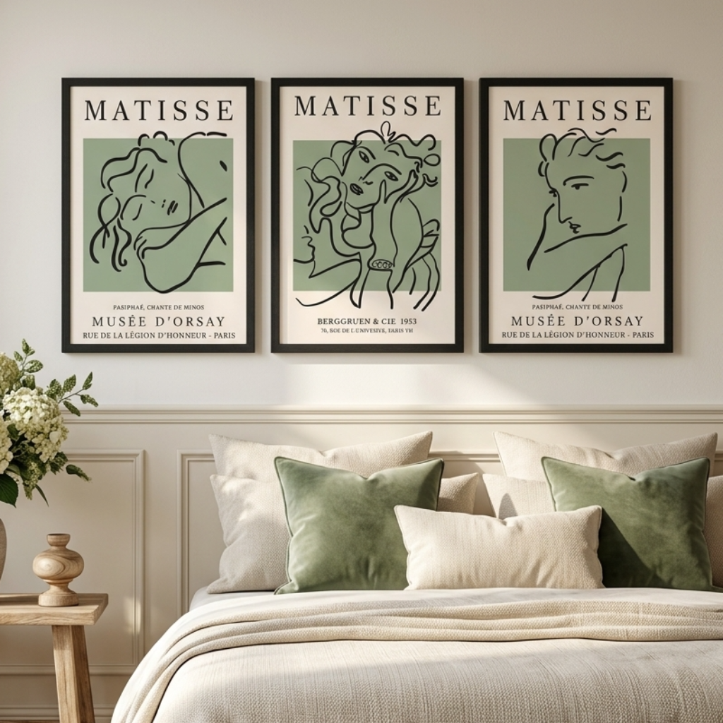 Three framed Matisse art prints in sage green and black line art hang above a bed with green and cream pillows in a beautifully styled bedroom.