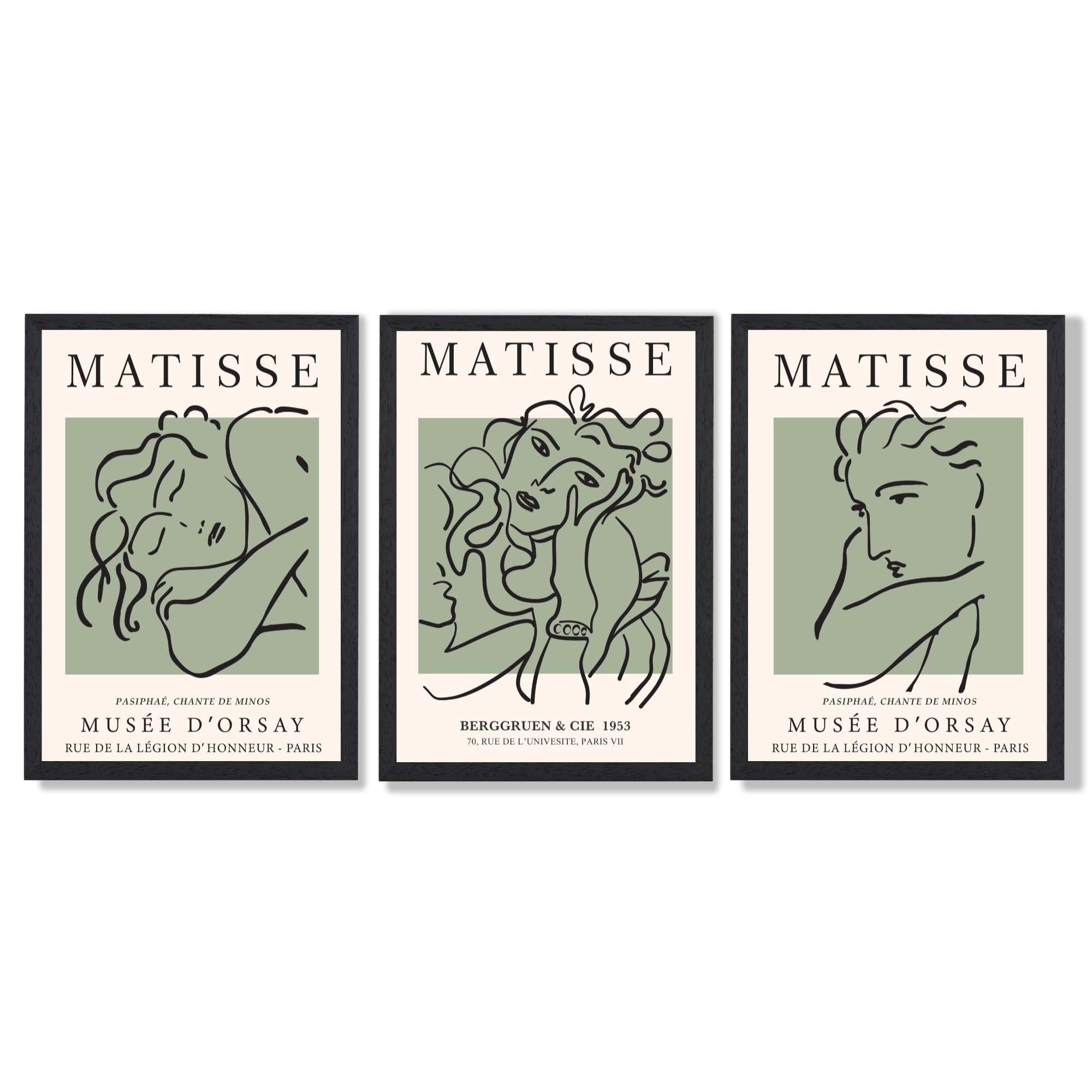 Modern Minimal Set of 3 Green Matisse Bedroom Framed Wall Art with Black Wooden Frames