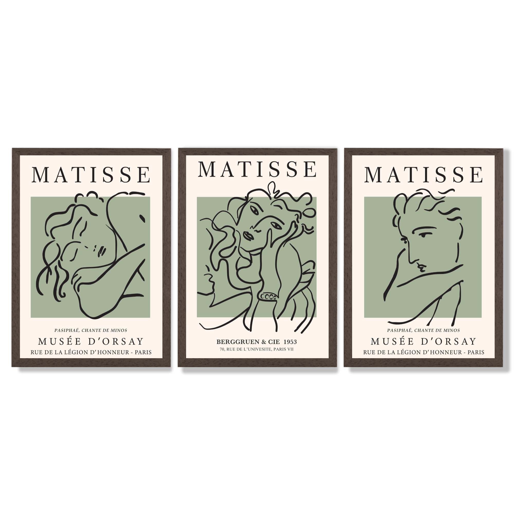 Modern Minimal Set of 3 Green Matisse Bedroom Framed Wall Art with Dark Wood Frames