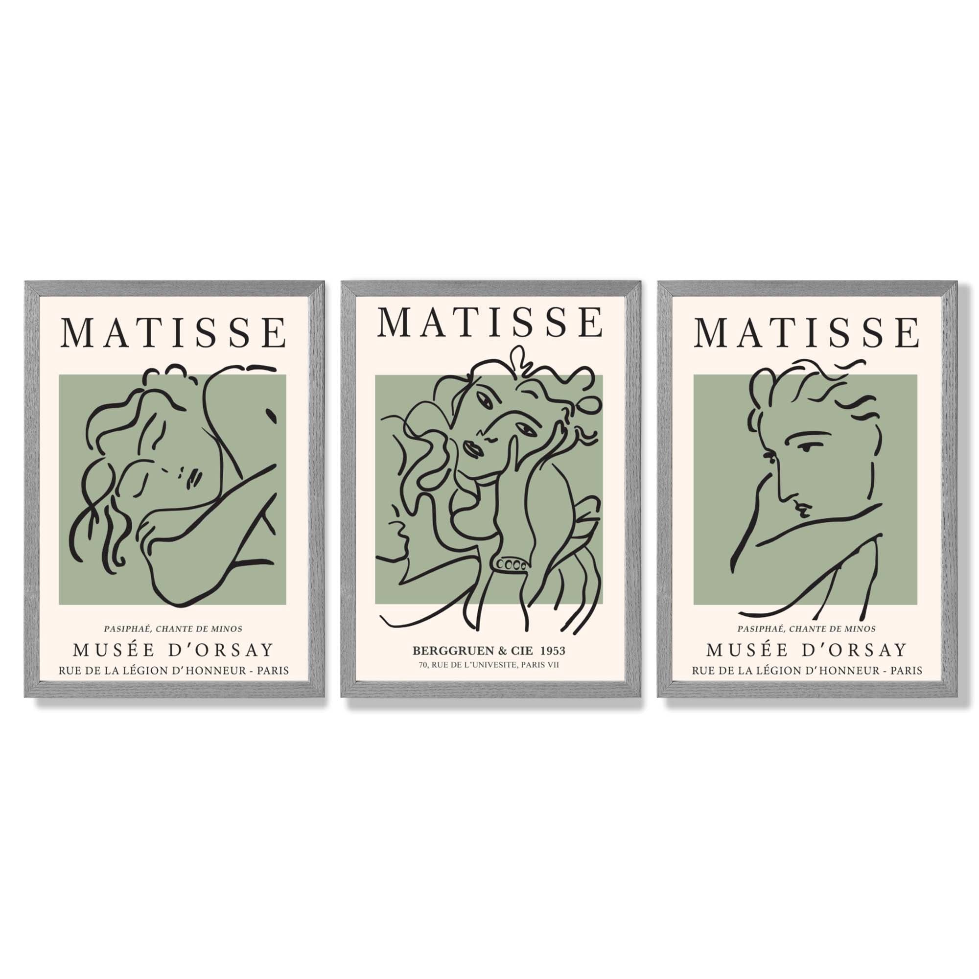 Modern Minimal Set of 3 Green Matisse Bedroom Framed Wall Art with Light Grey Wooden Frames