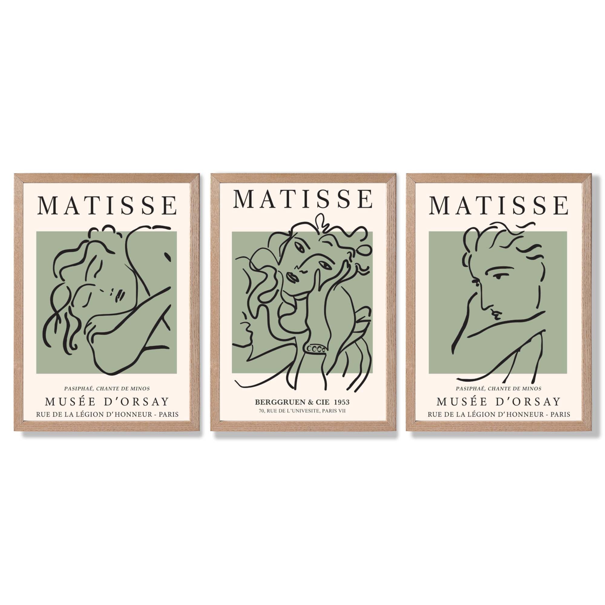 Modern Minimal Set of 3 Green Matisse Bedroom Framed Wall Art with Light Oak Frames