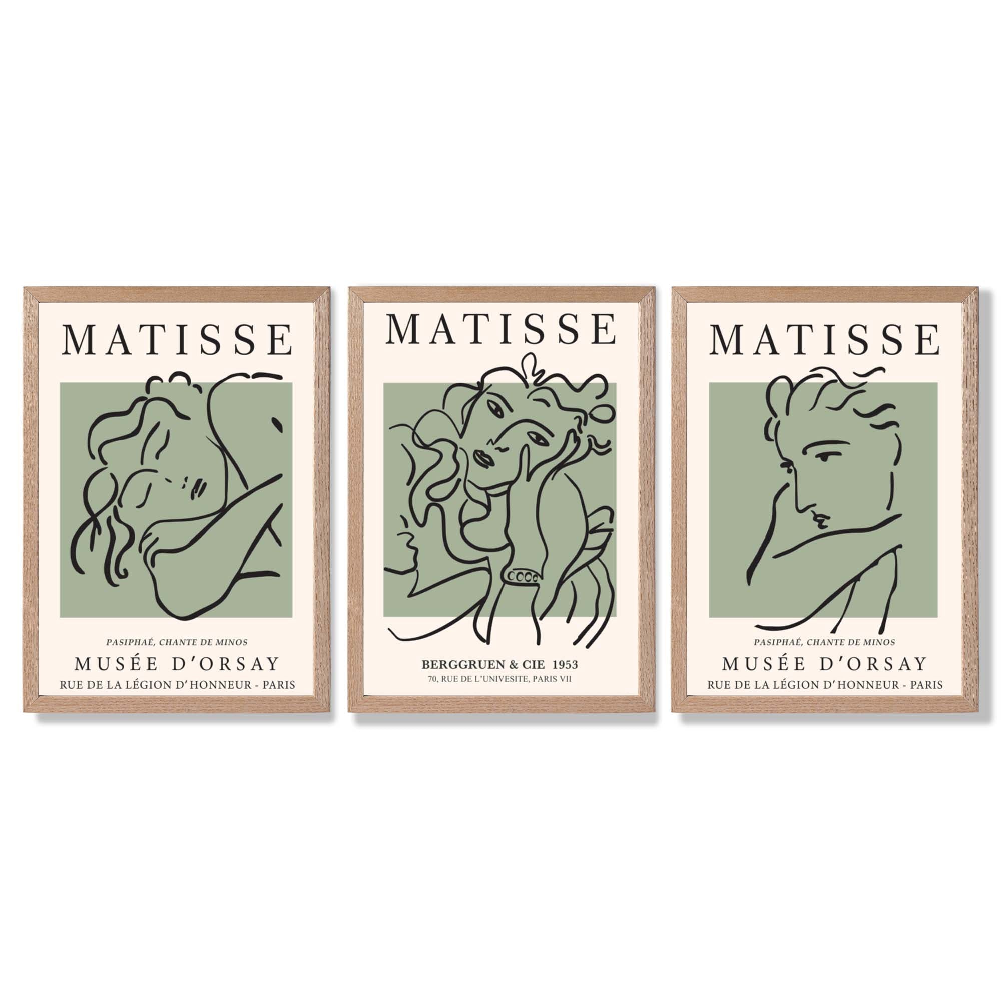 Modern Minimal Set of 3 Green Matisse Bedroom Framed Wall Art with Light Oak Frames
