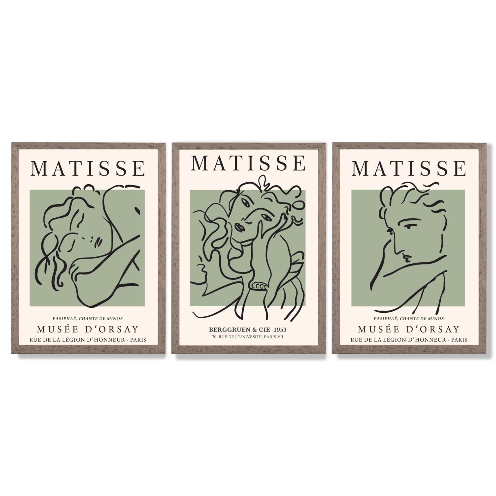 Modern Minimal Set of 3 Green Matisse Bedroom Framed Wall Art with Light Walnut Frames