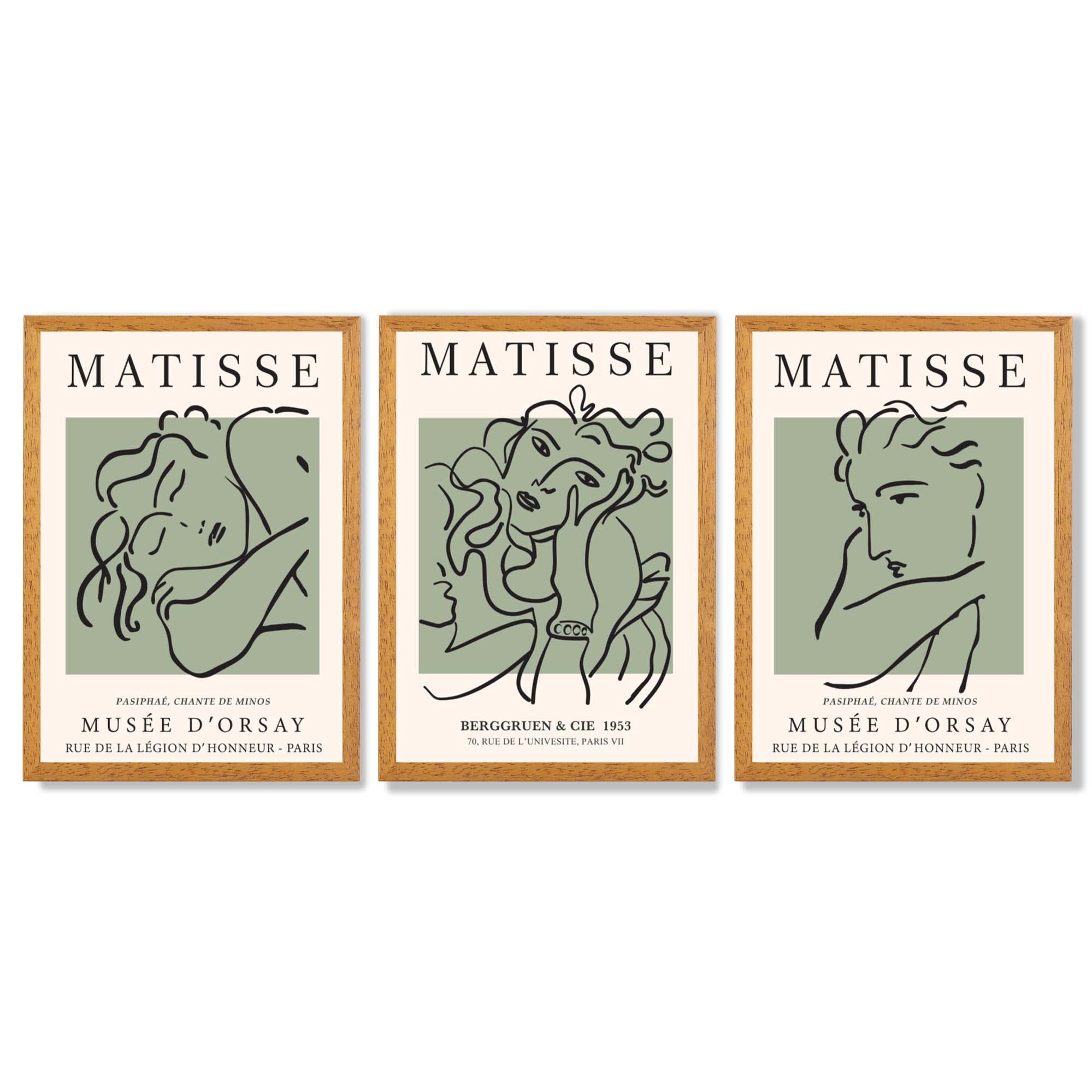 Modern Minimal Set of 3 Green Matisse Bedroom Framed Wall Art with Oak Wooden Frames