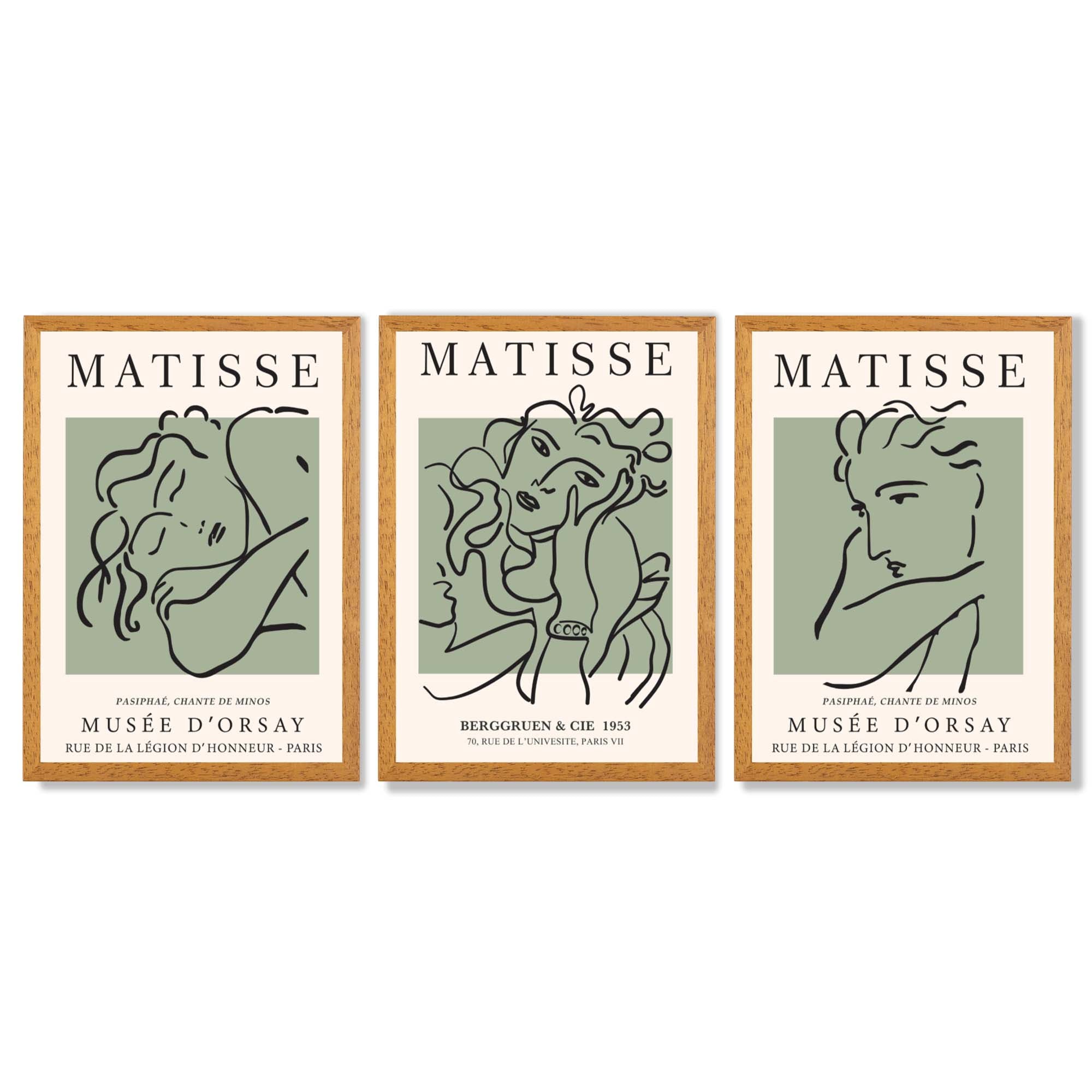 Modern Minimal Set of 3 Green Matisse Bedroom Framed Wall Art with Oak Wooden Frames