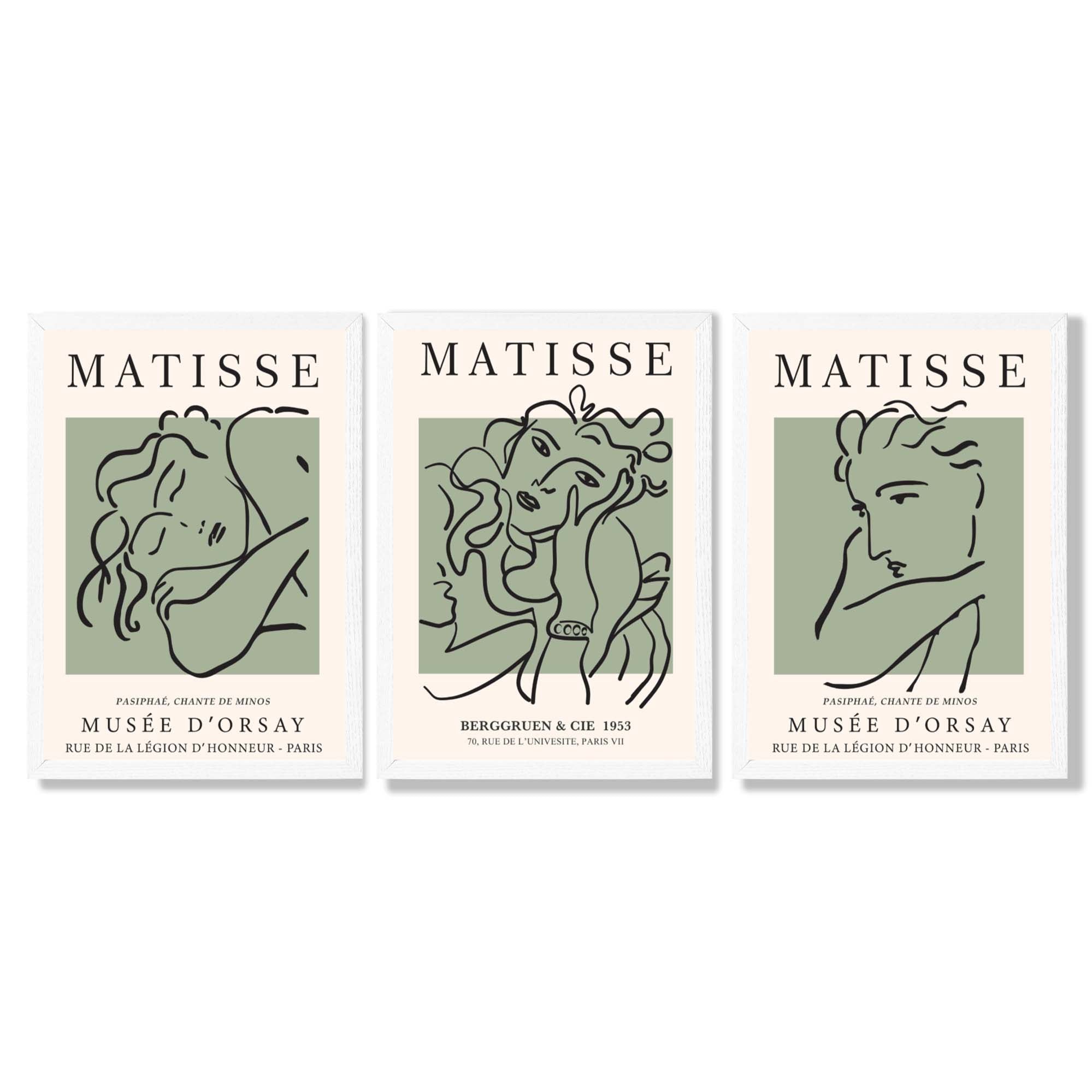 Modern Minimal Set of 3 Green Matisse Bedroom Framed Wall Art with White Wooden Frames