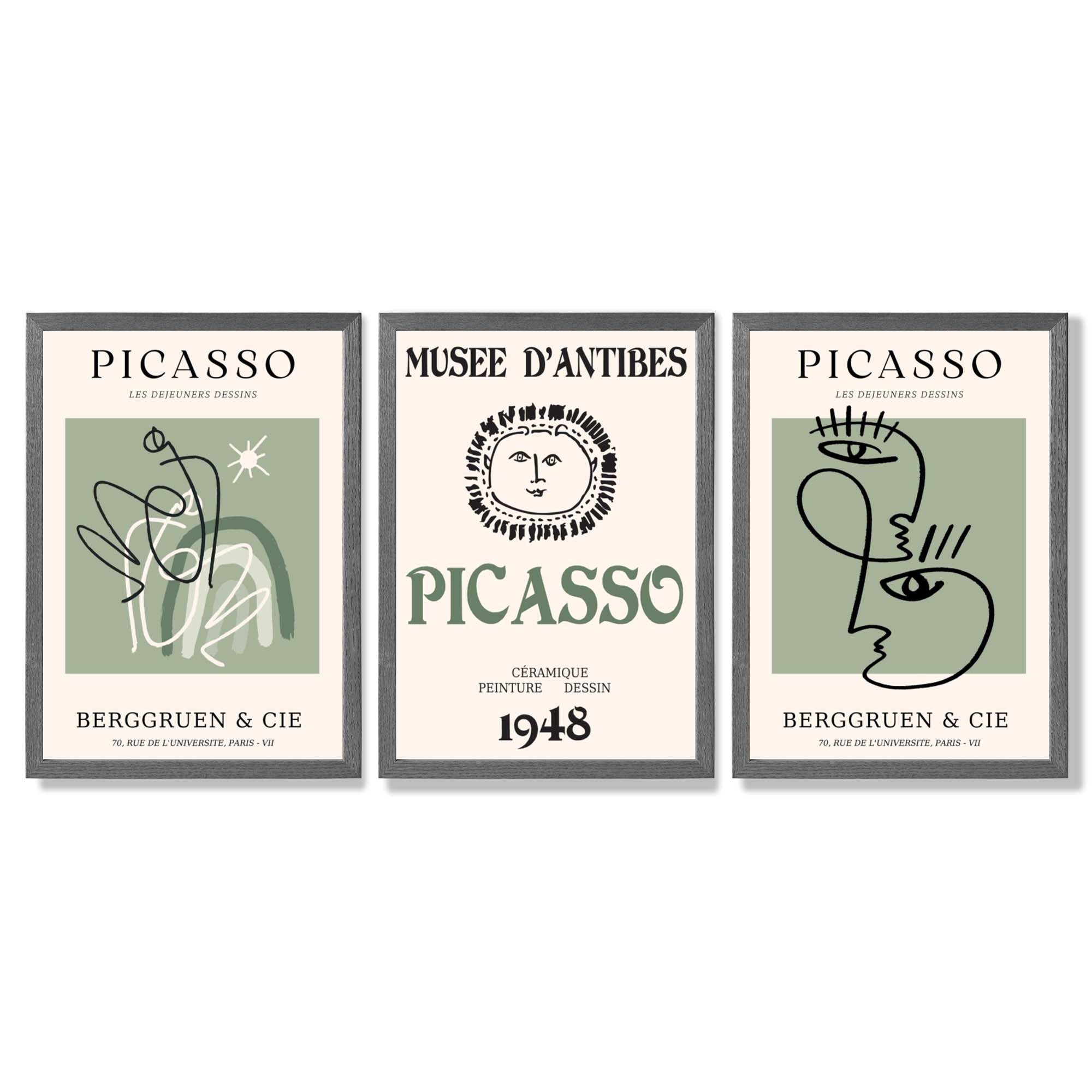 Modern Minimal Picasso Set of 3 Green Framed Wall Art with Dark Grey Wooden Frames
