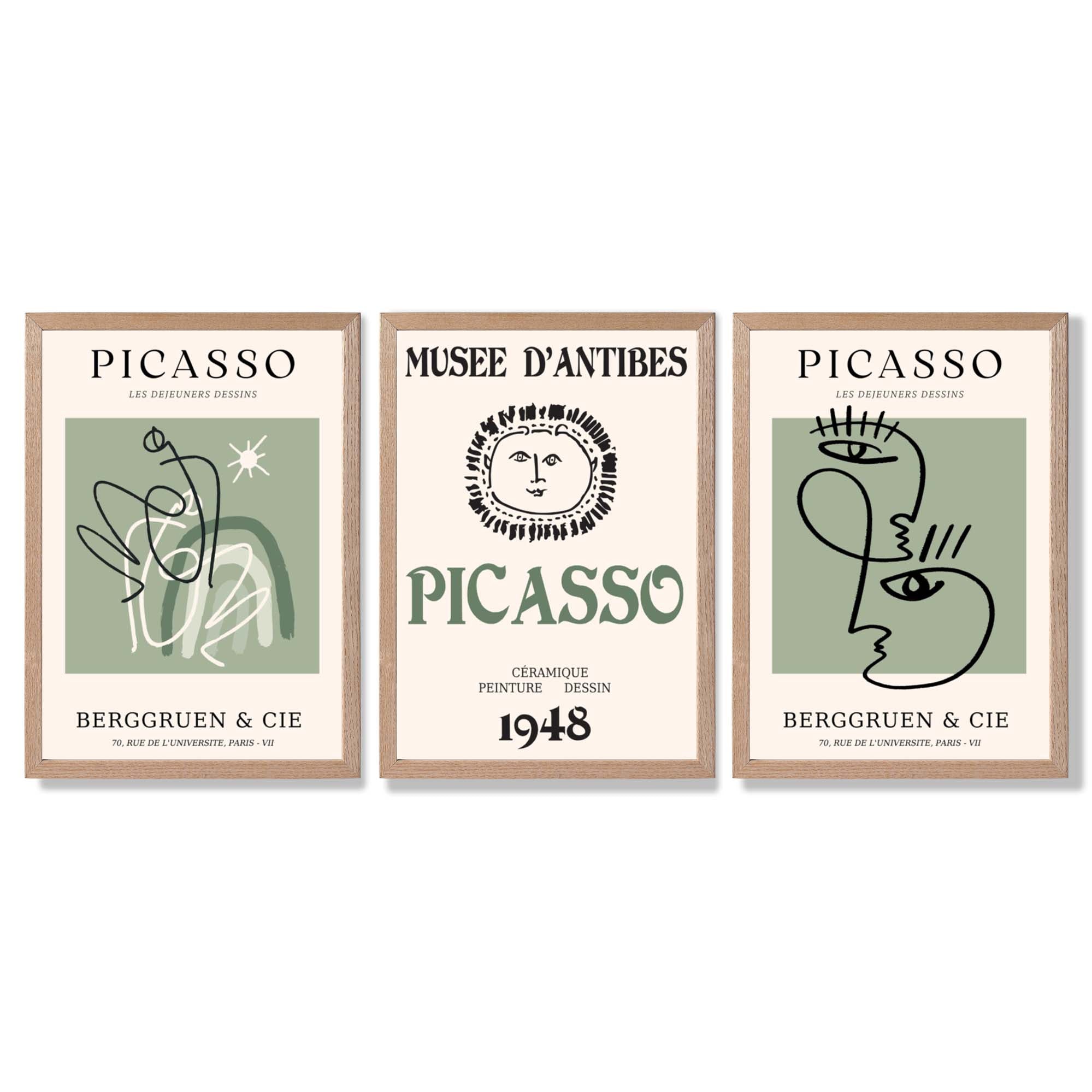 Modern Minimal Picasso Set of 3 Green Framed Wall Art with Light Oak Frames