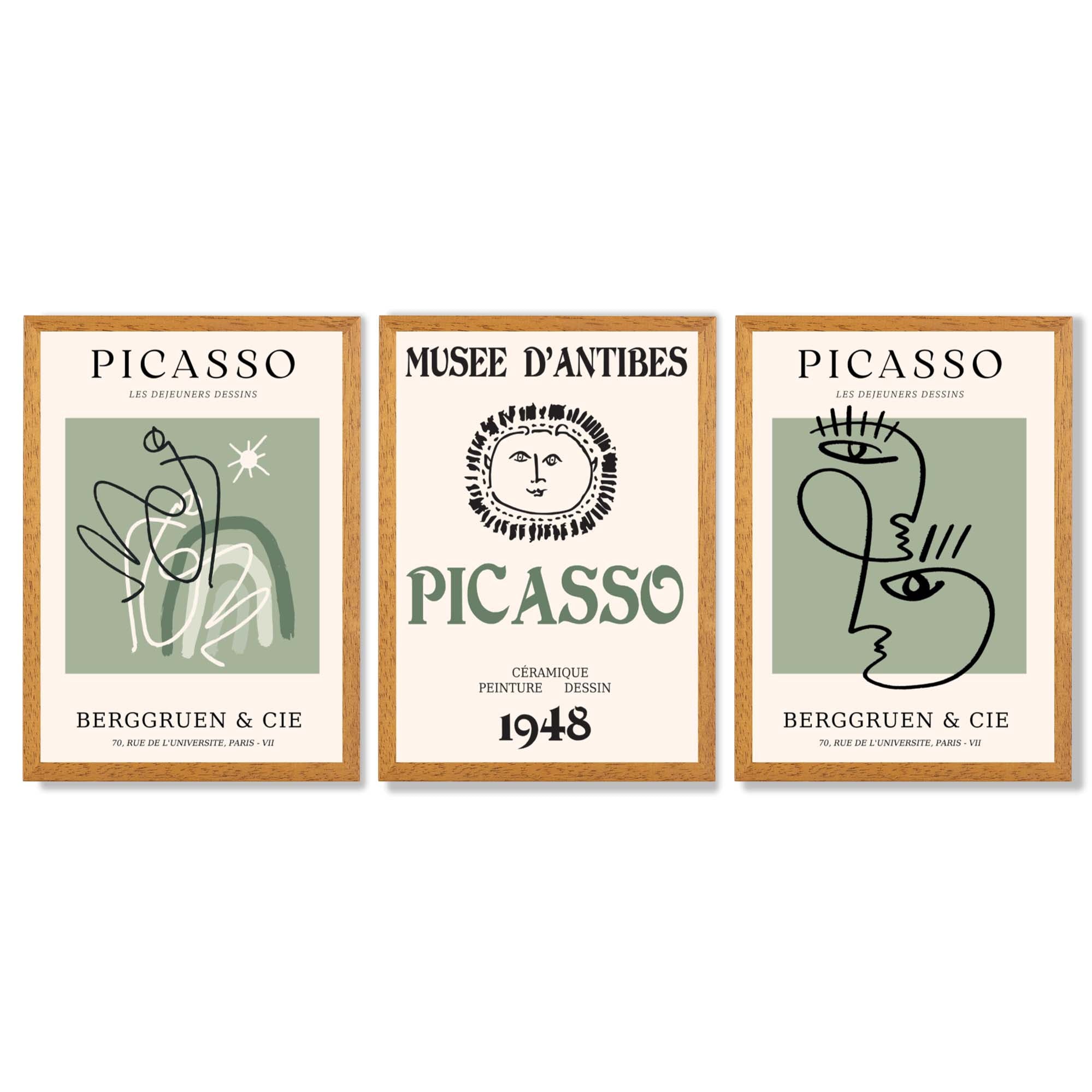 Modern Minimal Picasso Set of 3 Green Framed Wall Art with Oak Wooden Frames