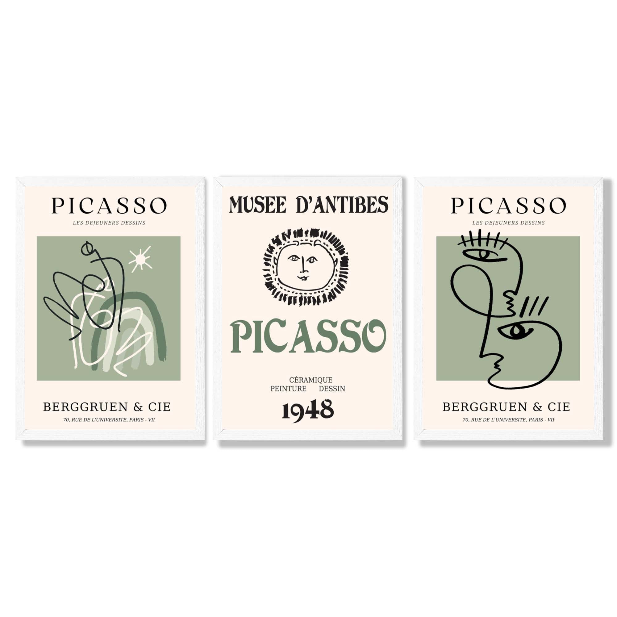Modern Minimal Picasso Set of 3 Green Framed Wall Art with White Wooden Frames