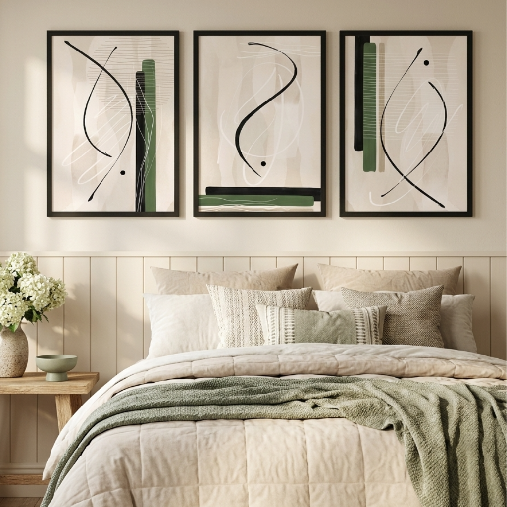 Three framed abstract wall art prints with black and green line art hang above a neatly made bed in a softly lit beige bedroom. A wooden side table with white flowers and a small bowl sits to the left.