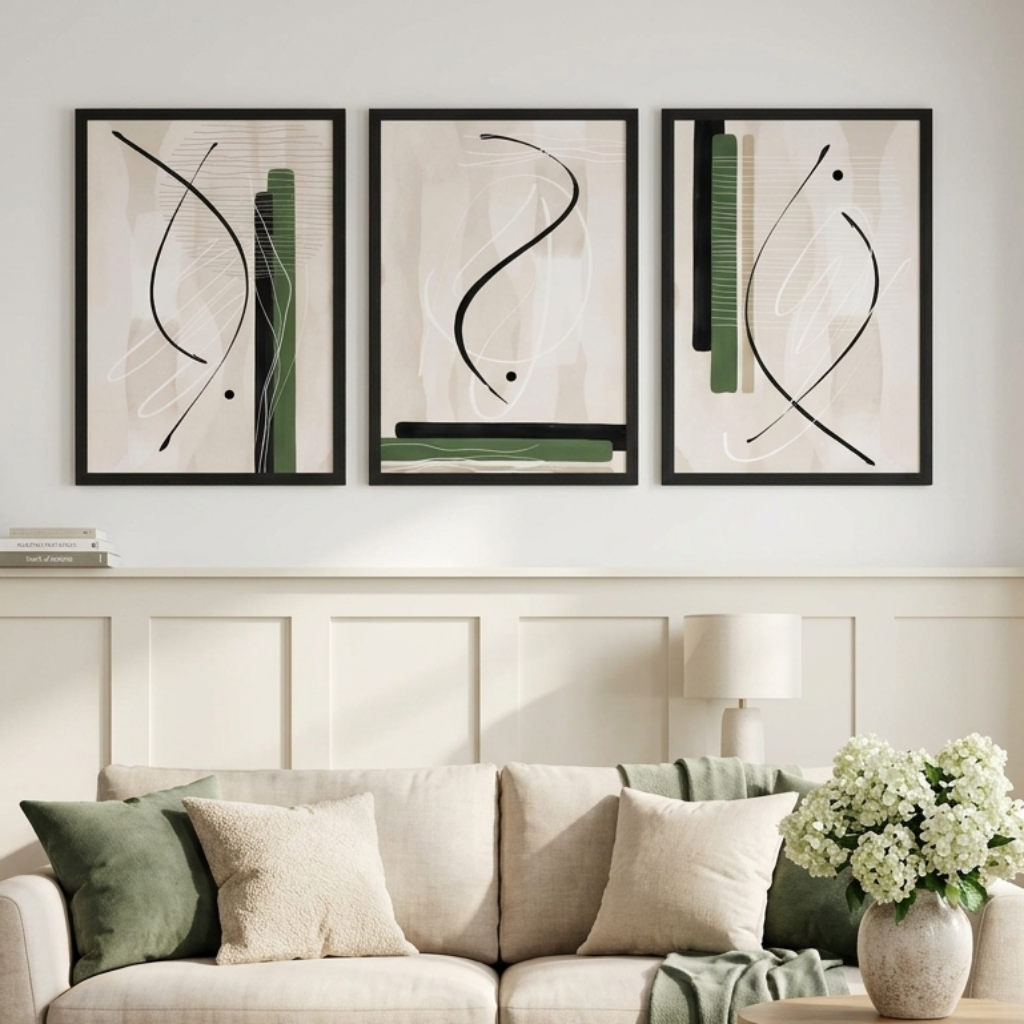 A styled living room scene featuring a three-piece framed abstract wall art set with black and green lines on a warm beige background, hung above a light beige sofa with green and beige pillows.