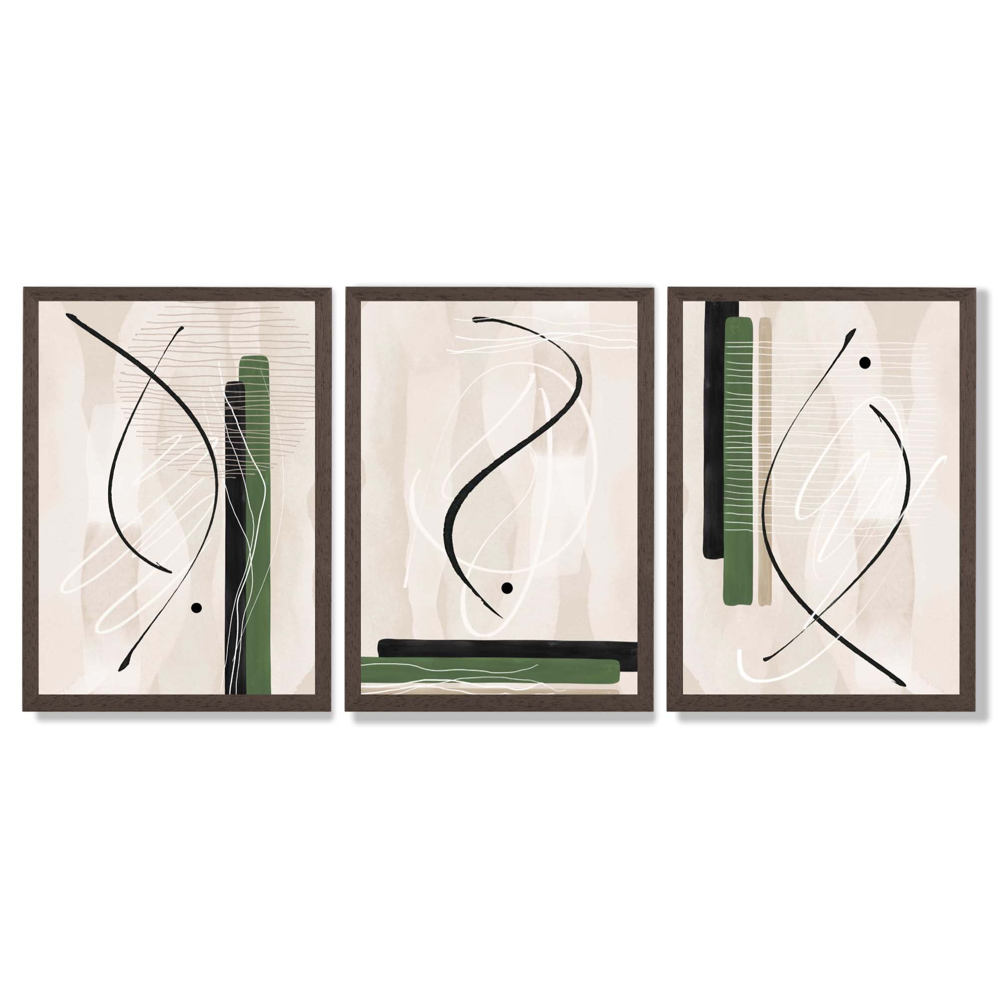 Japandi Minimal Set of 3 Beige with Green Framed Wall Art with Dark Wood Frames