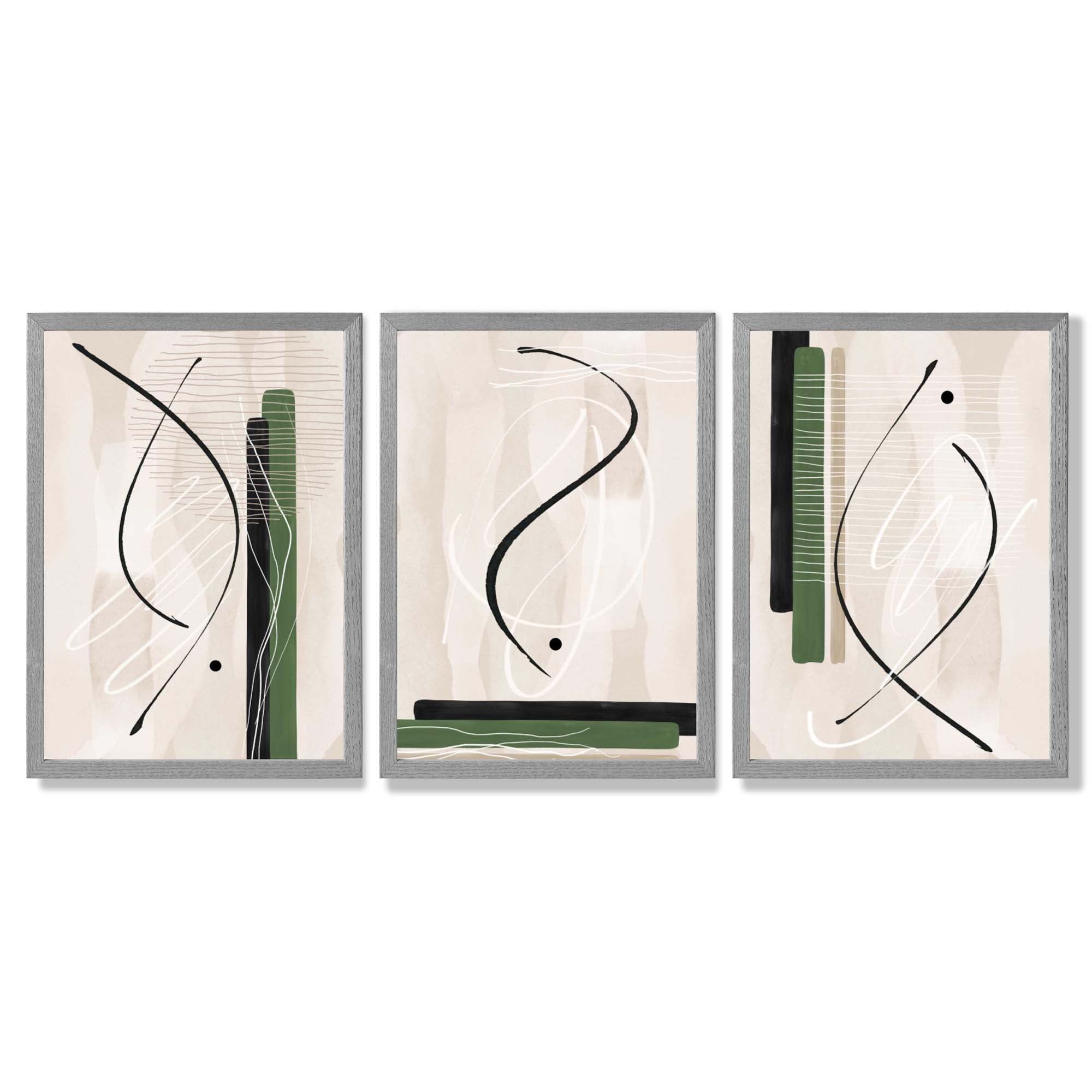 Japandi Minimal Set of 3 Beige with Green Framed Wall Art with Light Grey Wooden Frames