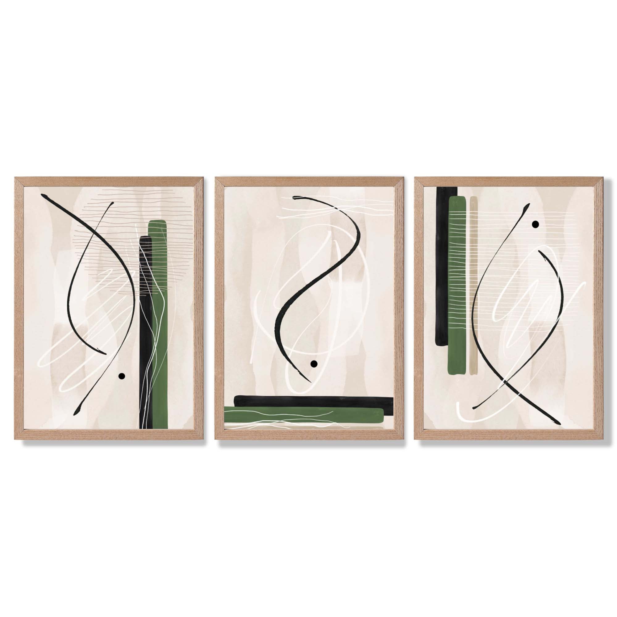 Japandi Minimal Set of 3 Beige with Green Framed Wall Art with Light Oak Frames