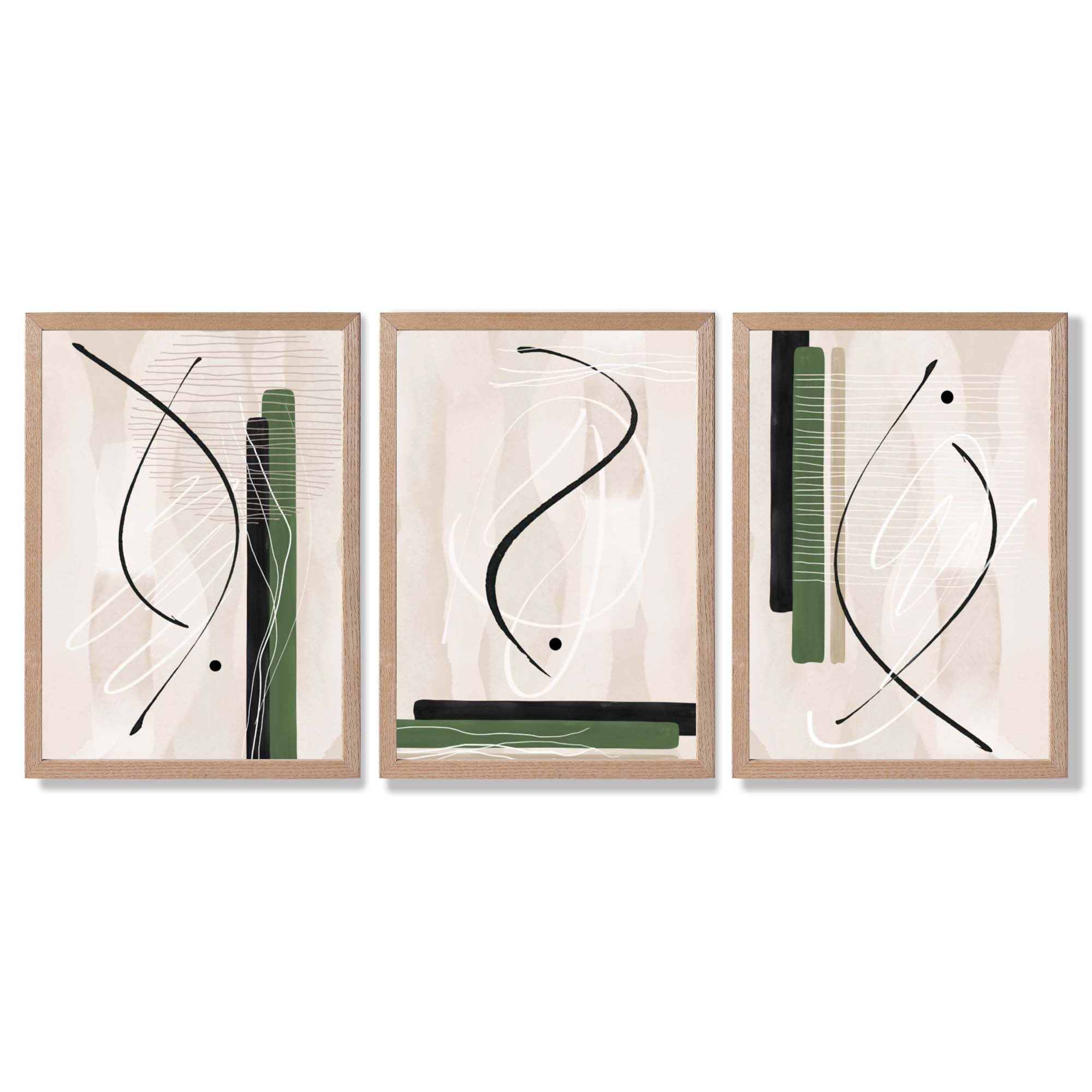 Japandi Minimal Set of 3 Beige with Green Framed Wall Art with Light Oak Frames