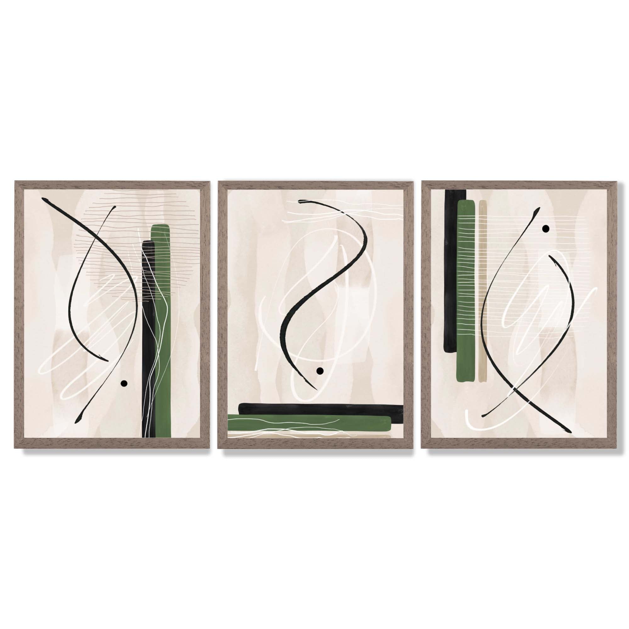 Japandi Minimal Set of 3 Beige with Green Framed Wall Art with Light Walnut Frames