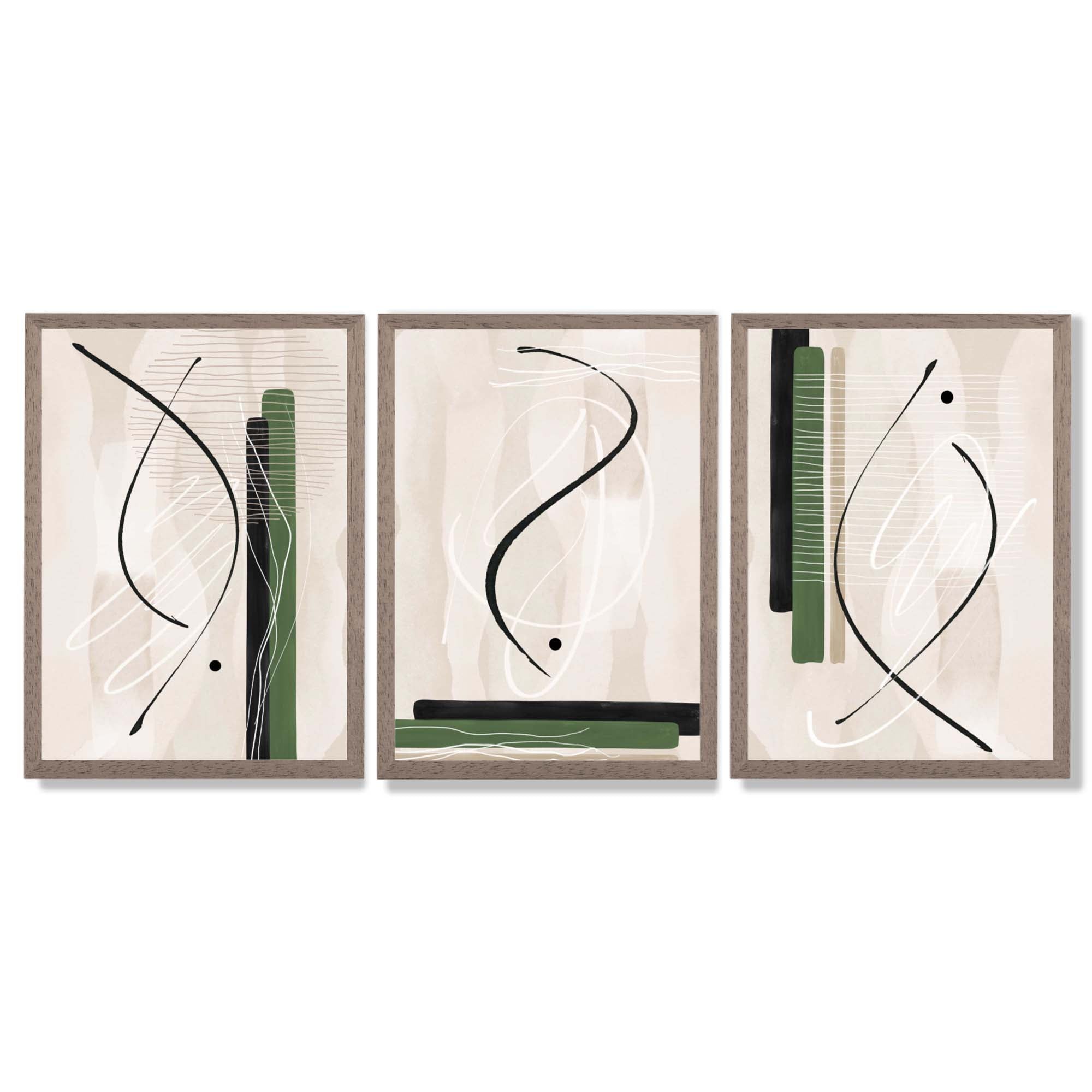 Japandi Minimal Set of 3 Beige with Green Framed Wall Art with Light Walnut Frames