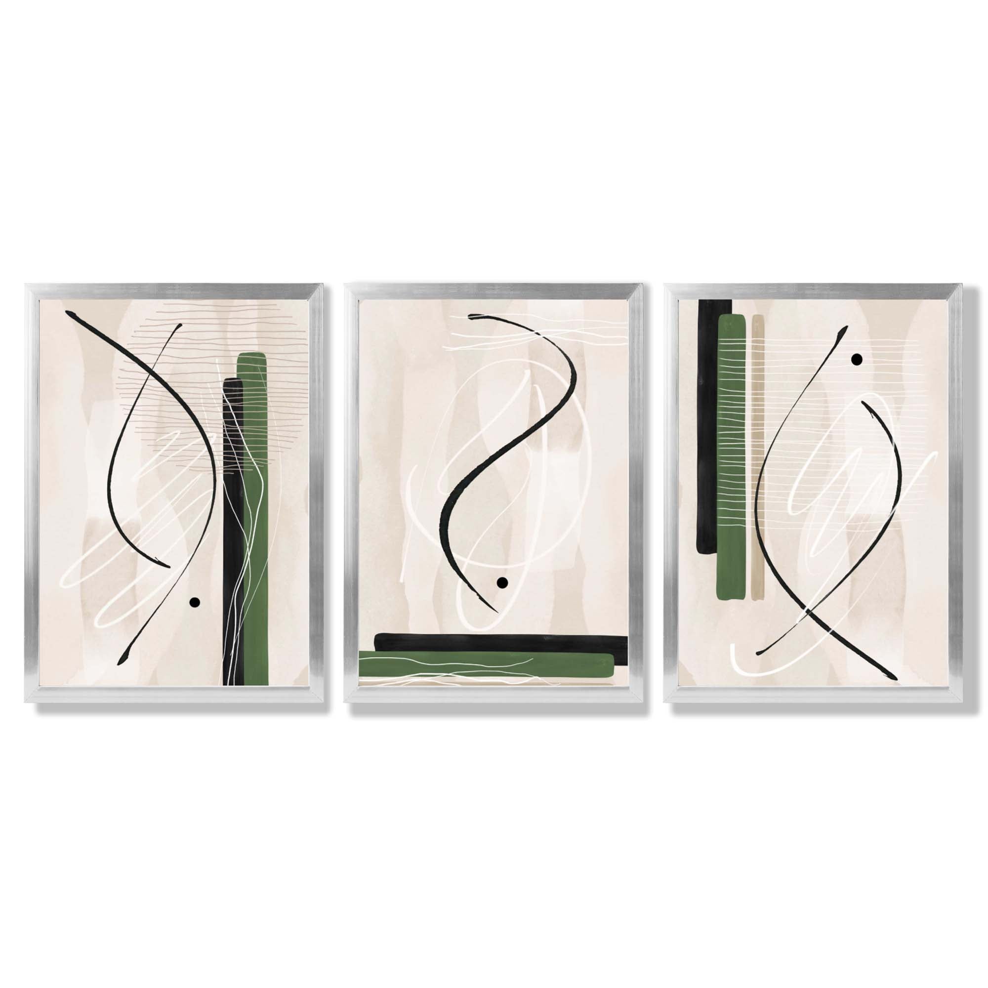 Japandi Minimal Set of 3 Beige with Green Framed Wall Art with Silver Wood Frames