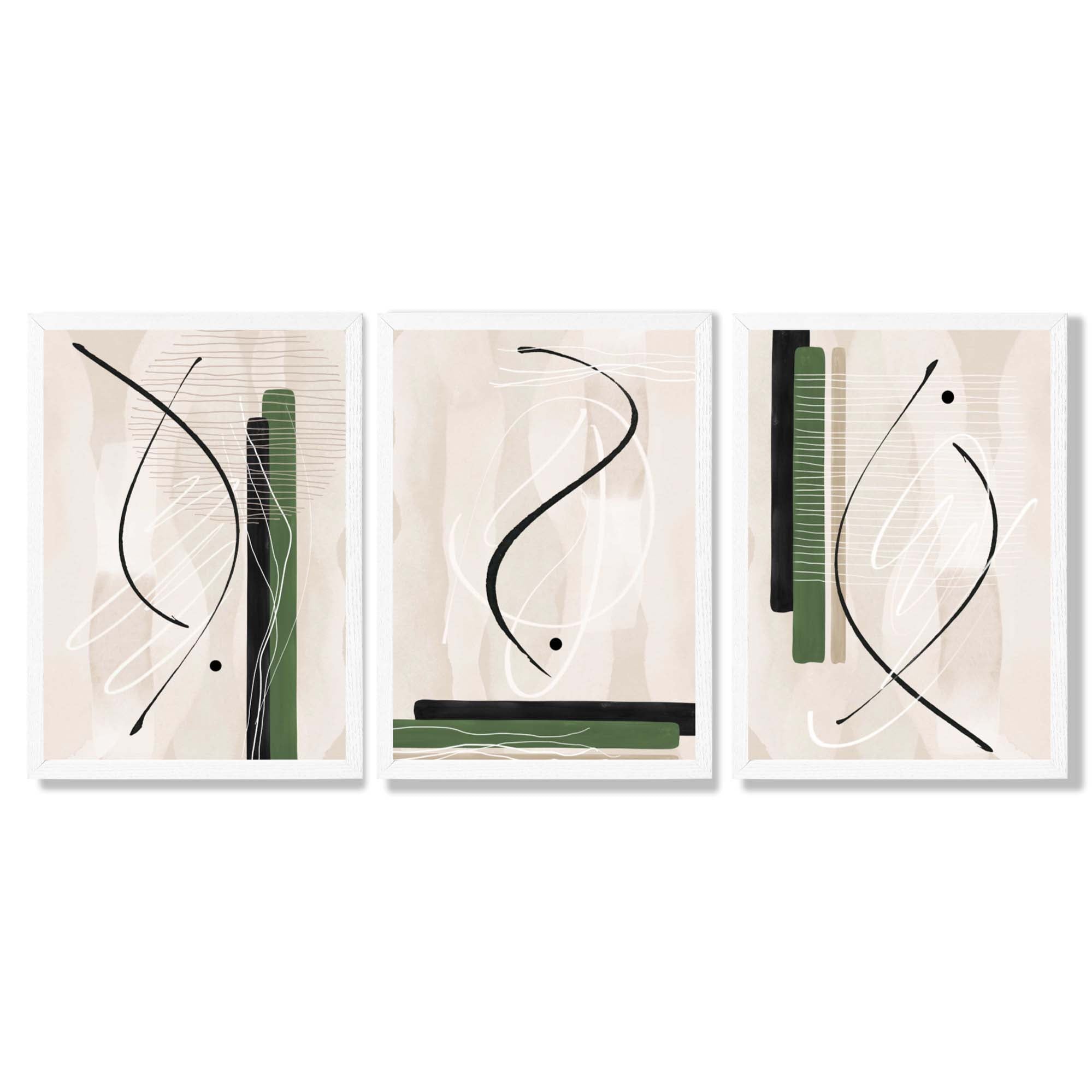 Japandi Minimal Set of 3 Beige with Green Framed Wall Art with White Wooden Frames