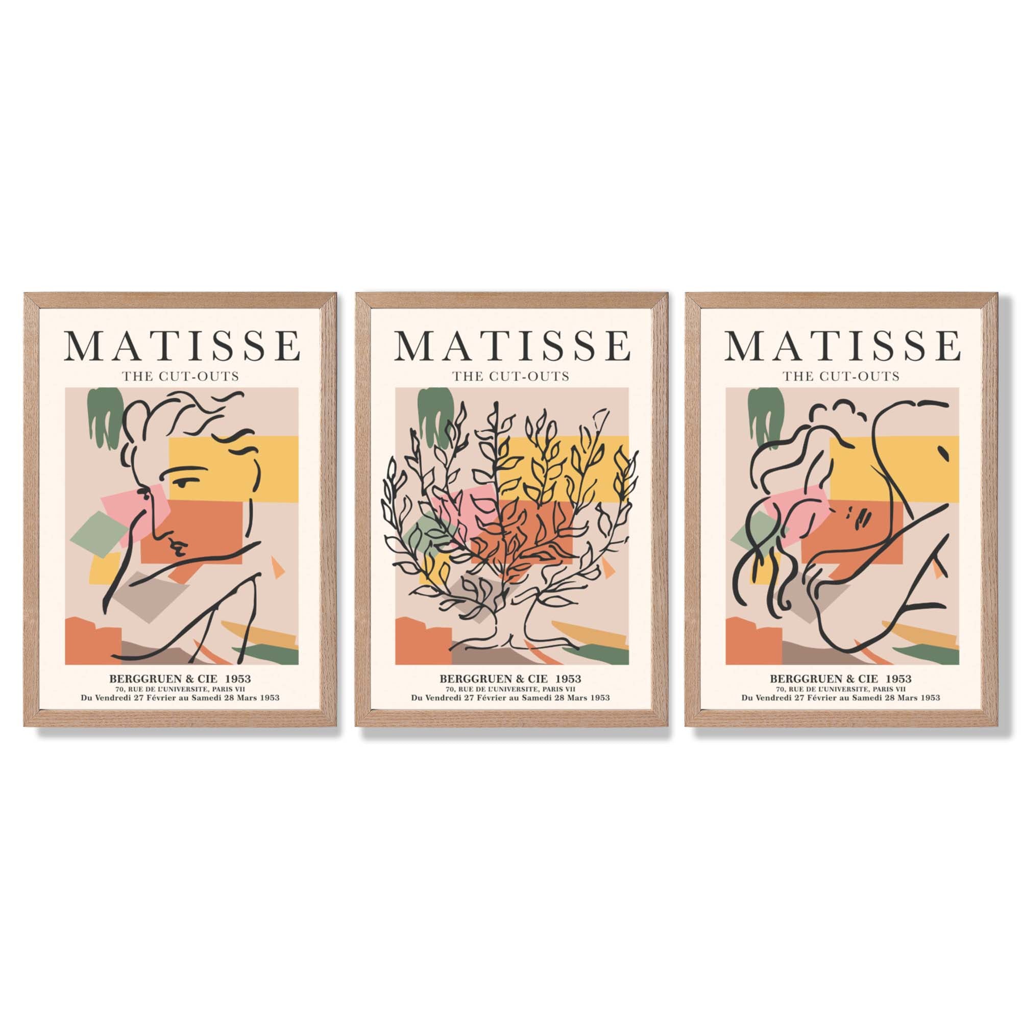 Matisse Boho Set of 3 Colourful Still Life Framed Wall Art with Light Oak Frames