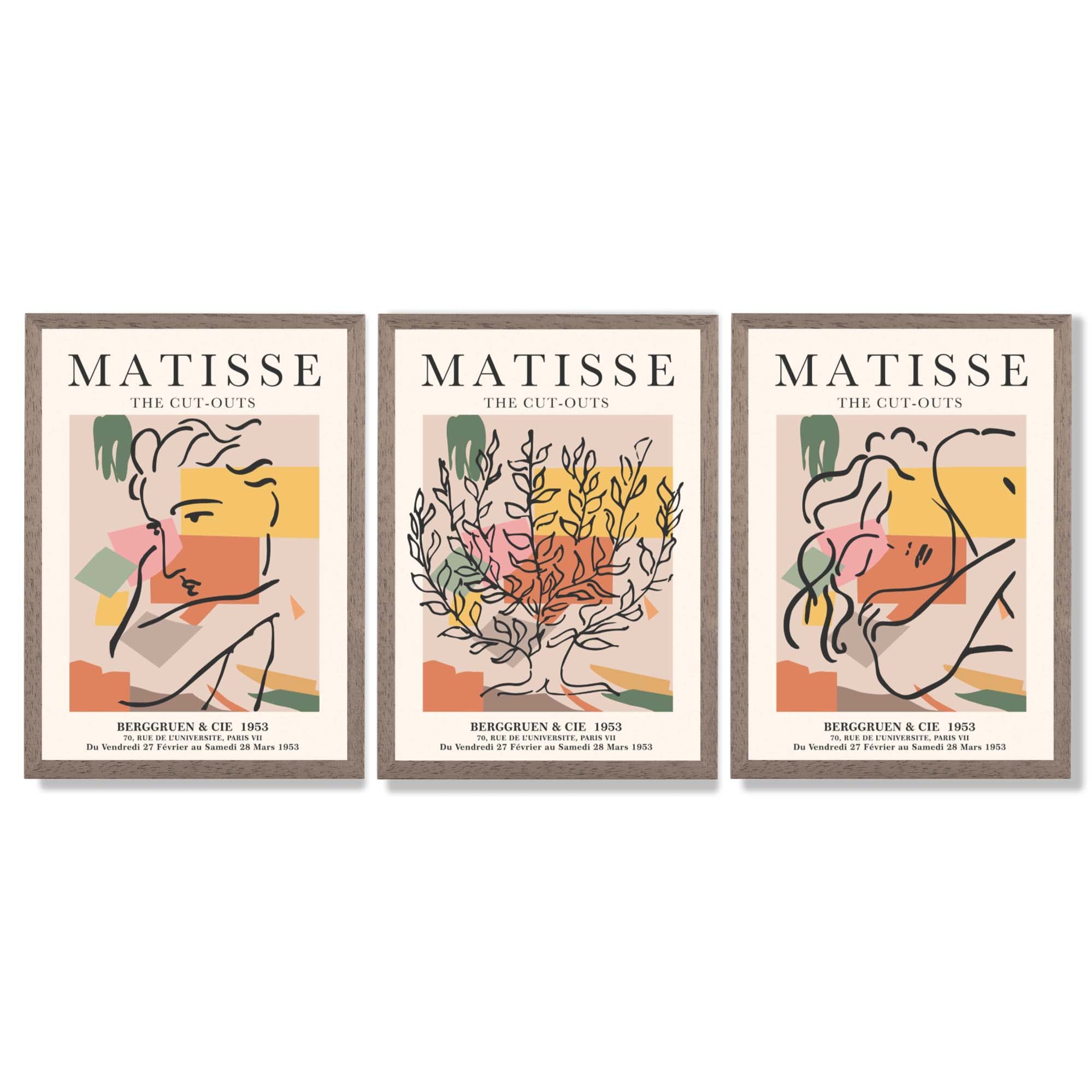 Matisse Boho Set of 3 Colourful Still Life Framed Wall Art with Light Walnut Frames