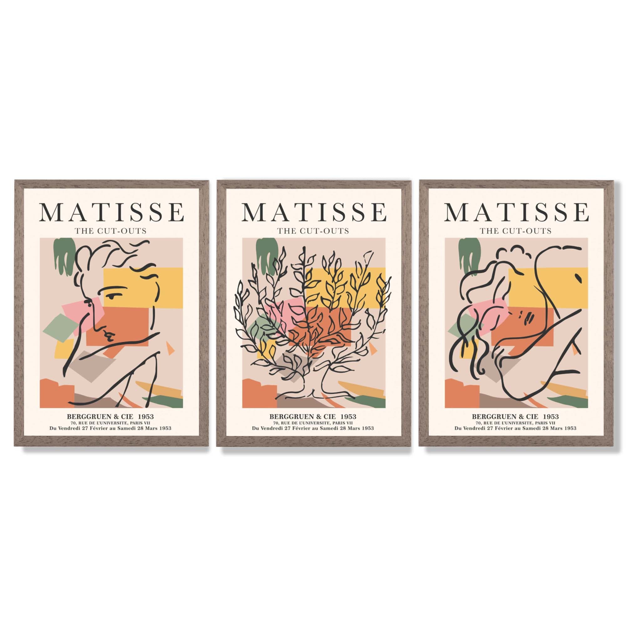 Matisse Boho Set of 3 Colourful Still Life Framed Wall Art with Light Walnut Frames