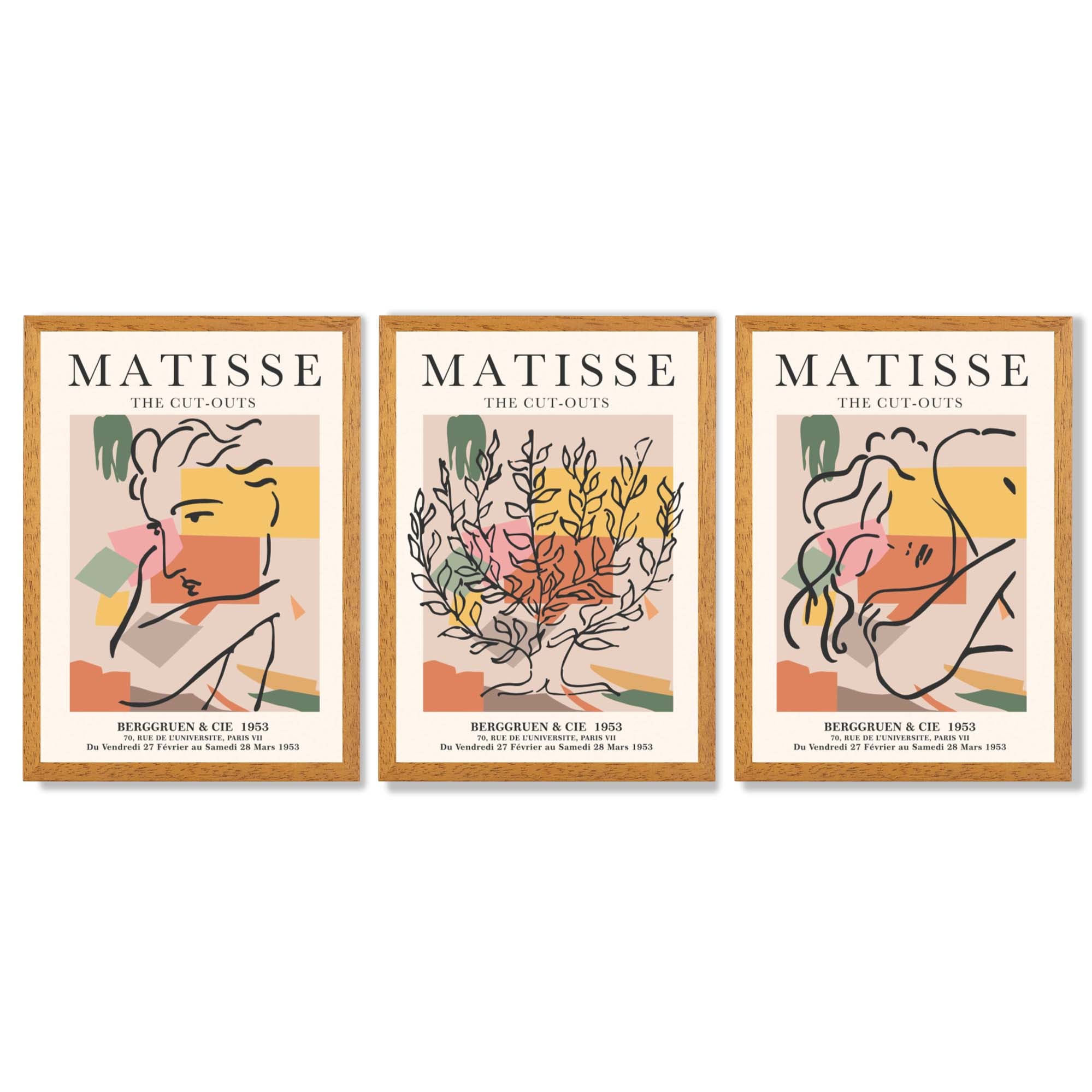 Matisse Boho Set of 3 Colourful Still Life Framed Wall Art with Oak Wooden Frames