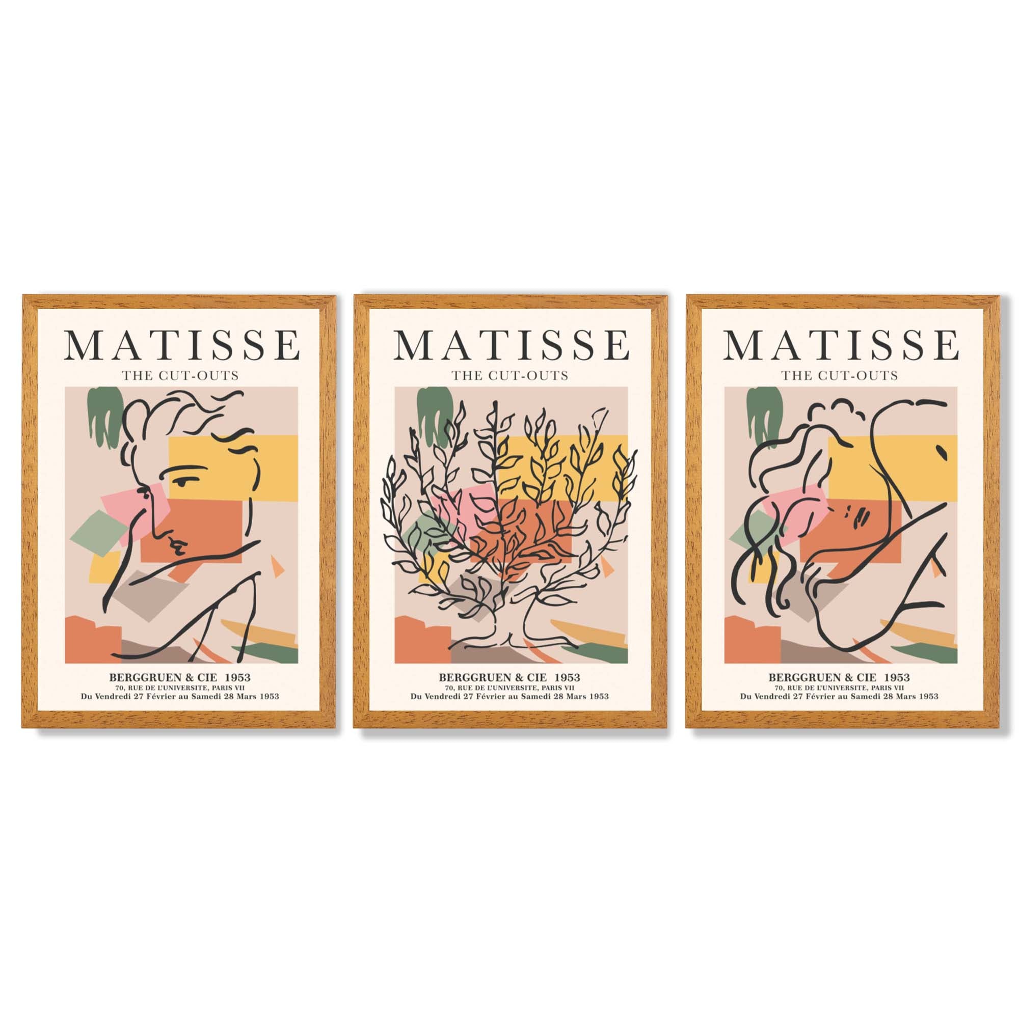 Matisse Boho Set of 3 Colourful Still Life Framed Wall Art with Oak Wooden Frames