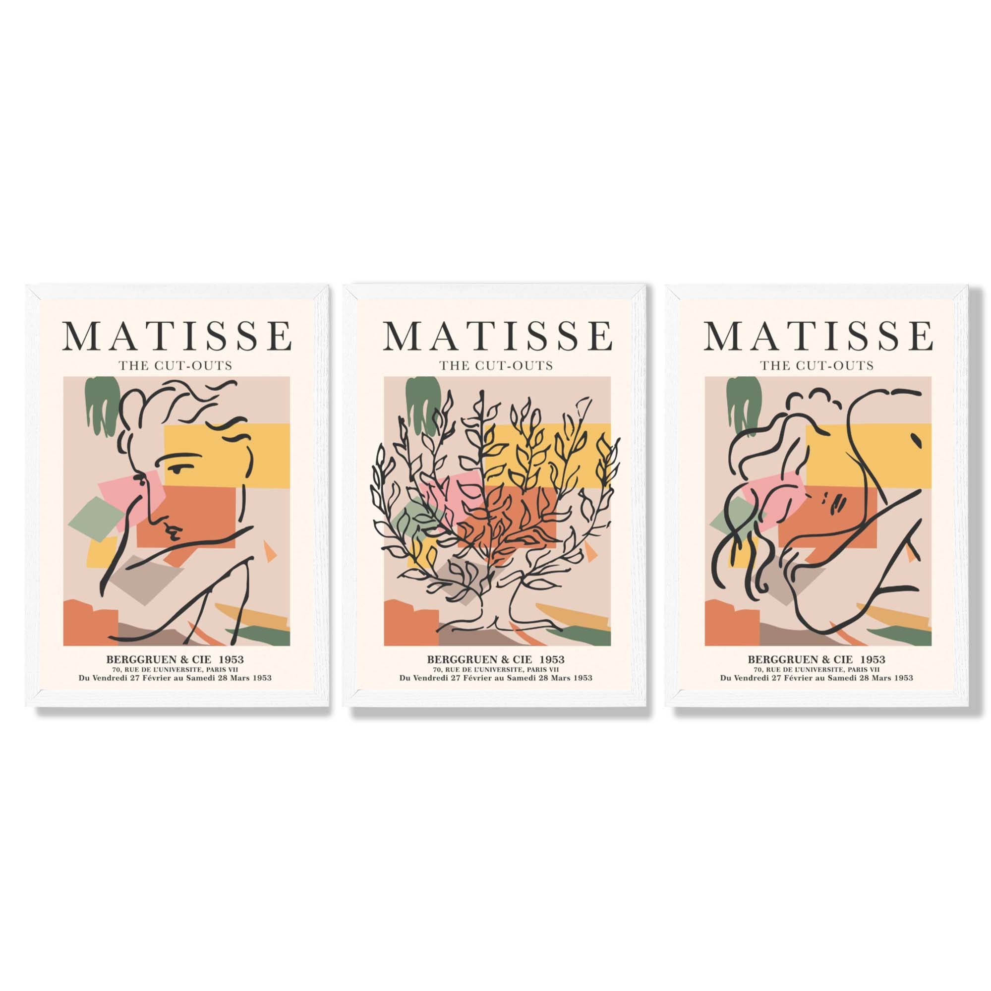 Matisse Boho Set of 3 Colourful Still Life Framed Wall Art with White Wooden Frames