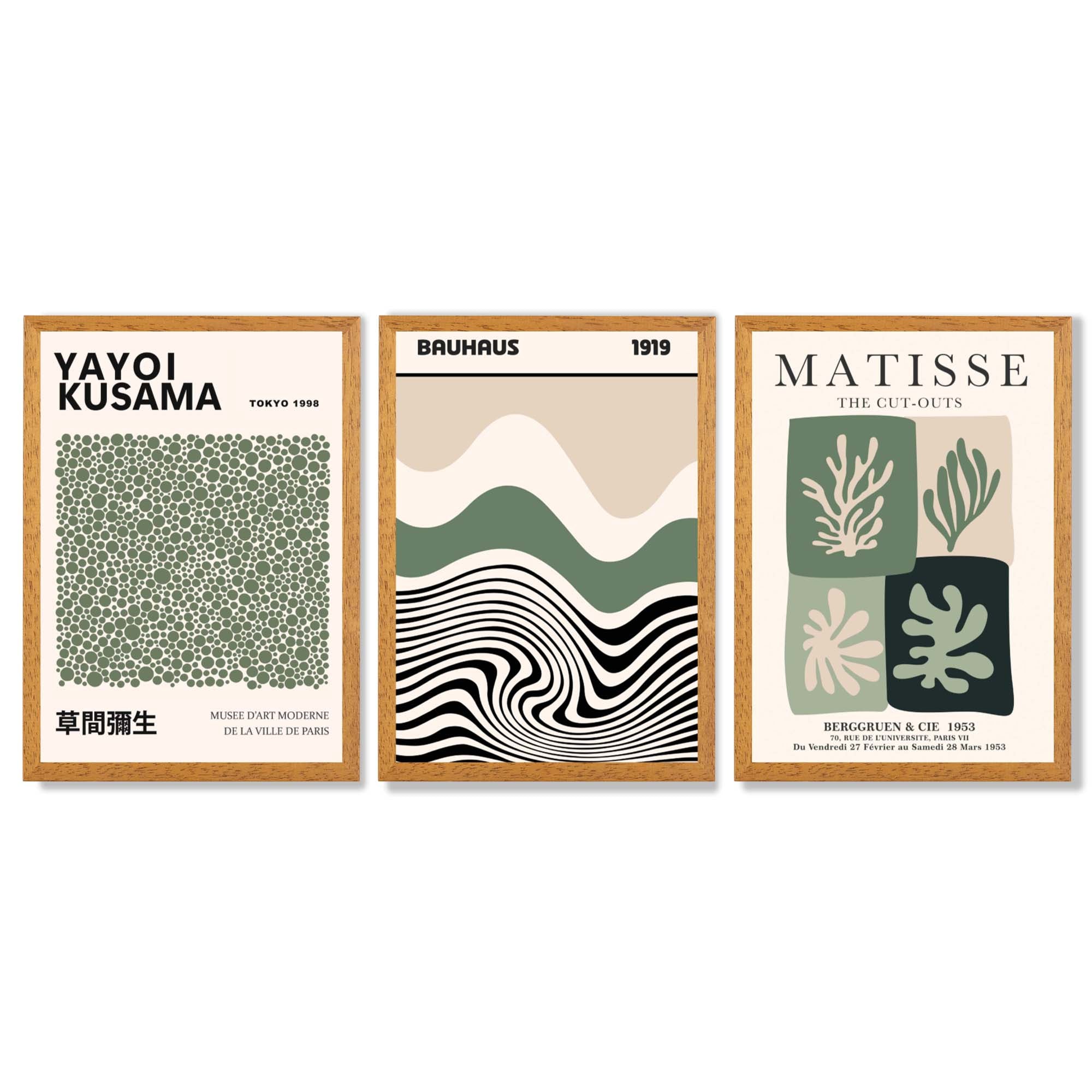 Japandi and Bauhaus Curated Set of 3 Green Framed Wall Art with Oak Wooden Frames