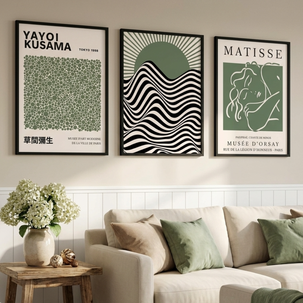 Three framed japandi art prints with green, black, and cream designs are displayed on a beige wall above a cream sofa in a styled living room setting.