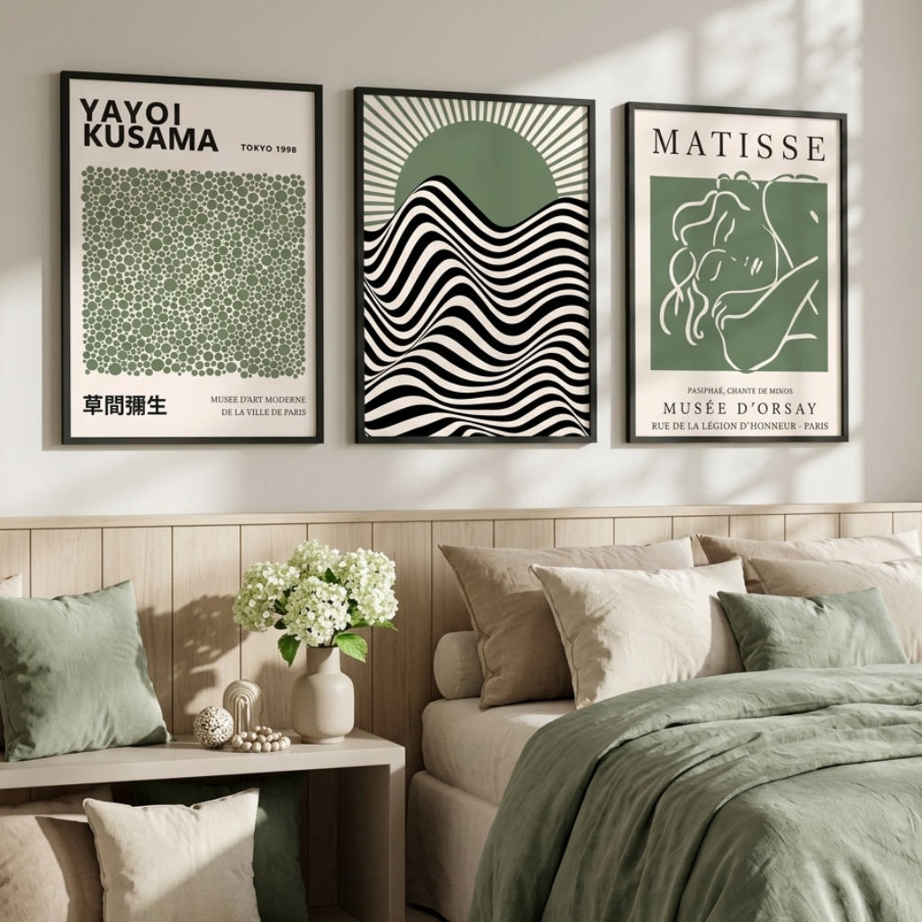 Three framed Matisse, Kusama, Bauhaus wall art prints with green, black, and cream abstract and typographic designs hang above a bed in a softly lit bedroom. The room includes beige bedding, pillows, a bench with green and beige cushions, and a vase of white flowers.